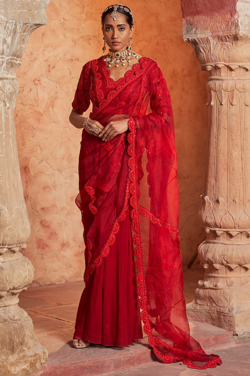 Organza & Crepe Red Embroidered Draped Saree Set - Auraya Fashion -  - #tag1# - #tag2# - #tag3# - #tag3#