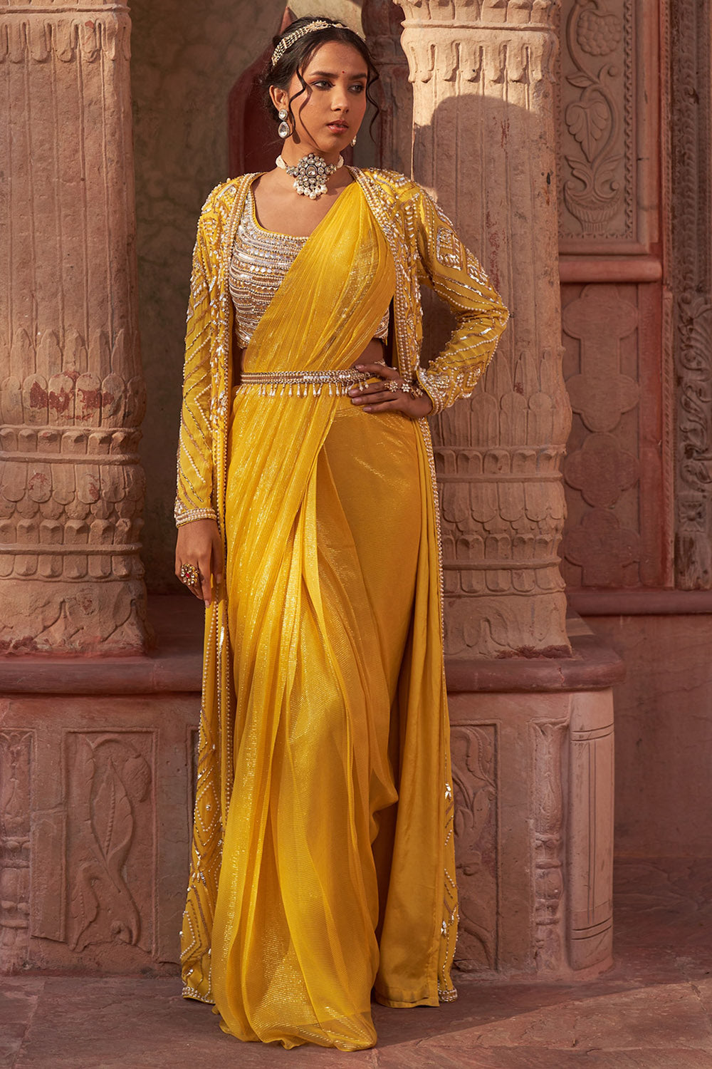 Crepe Georgette Yellow Embroidered Jacket Saree Set – Auraya Fashion