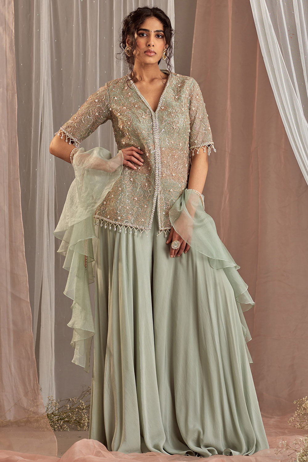 Organza Dull Green Sharara Set - Auraya Fashion - Nidhika Shekhar - #tag1# - #tag2# - #tag3# - #tag3#