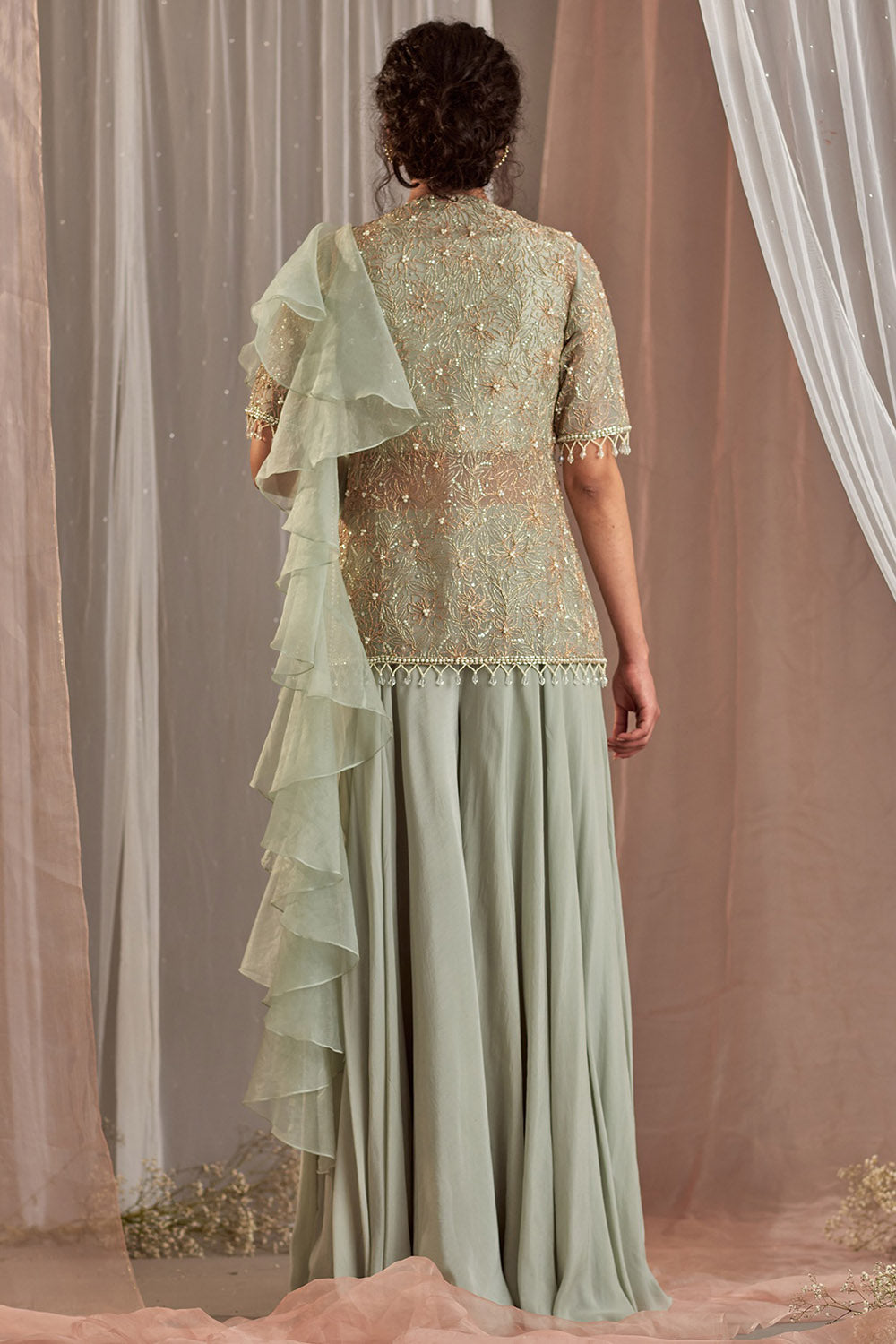 Organza Dull Green Sharara Set - Auraya Fashion -  - #tag1# - #tag2# - #tag3# - #tag3#