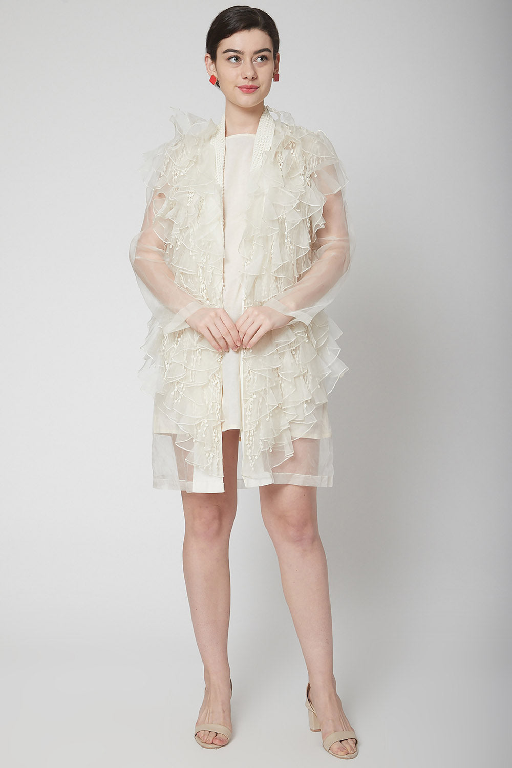 Cape Jacket White With Ruffles - Auraya Fashion - Nidhika Shekhar - #tag1# - #tag2# - #tag3# - #tag3#