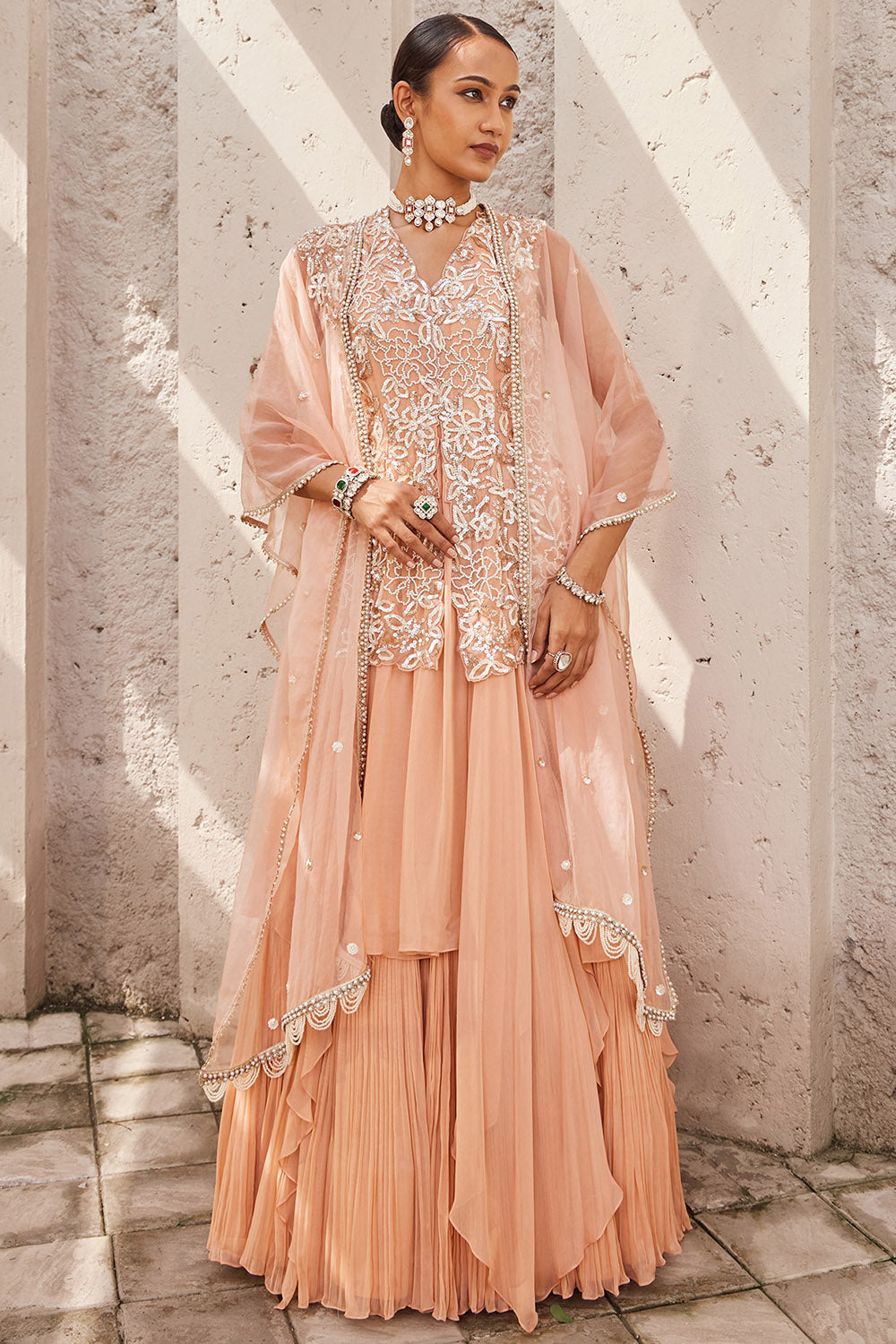 Organza & Georgette Salmon Pink Embroidered Anarkali Set - Auraya Fashion - Nidhika Shekhar - #tag1# - #tag2# - #tag3# - #tag3#