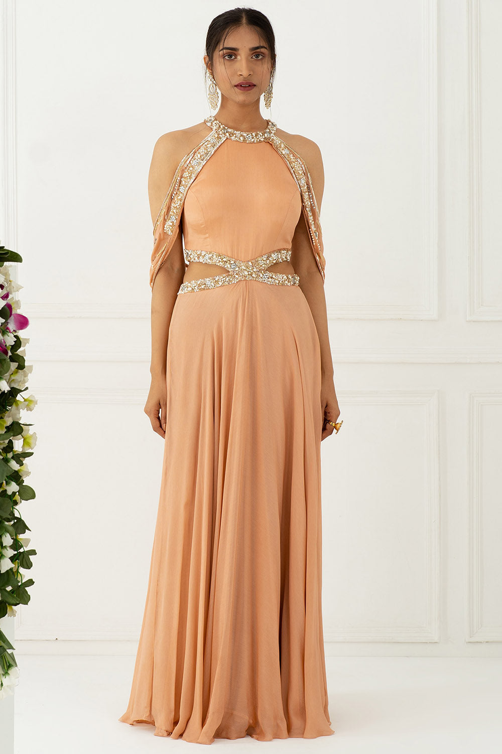 Hand Embroidered Blush Pink Cold Shoulder Gown - Auraya Fashion - Nidhika Shekhar - #tag1# - #tag2# - #tag3# - #tag3#
