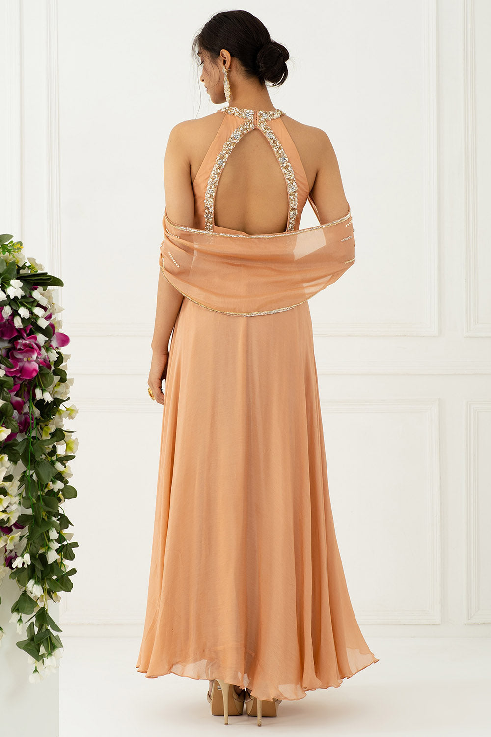 Hand Embroidered Blush Pink Cold Shoulder Gown - Auraya Fashion -  - #tag1# - #tag2# - #tag3# - #tag3#