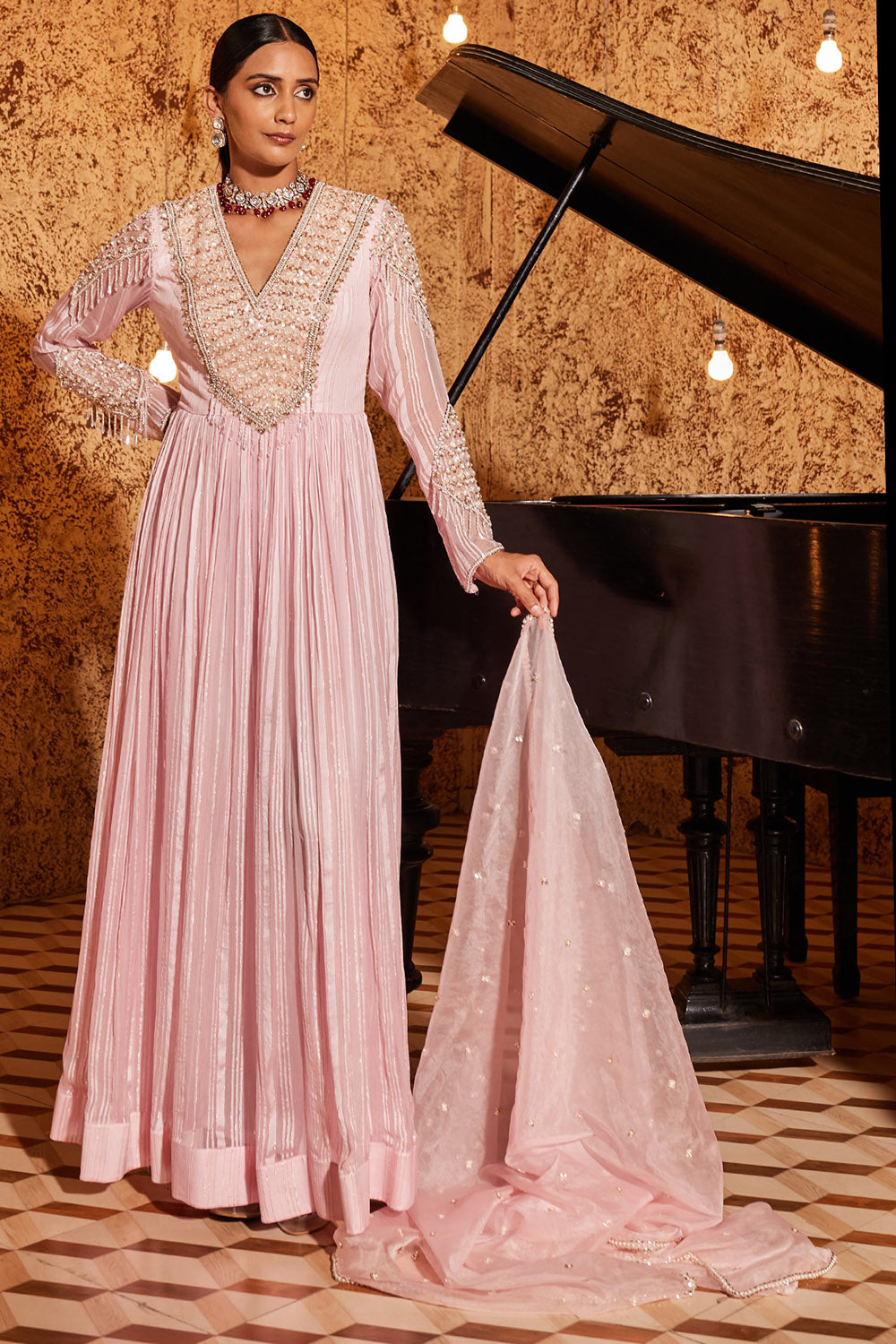 Organza & Foil Georgette Strawberry Pink Embroidered Anarkali Set - Auraya Fashion - Nidhika Shekhar - #tag1# - #tag2# - #tag3# - #tag3#