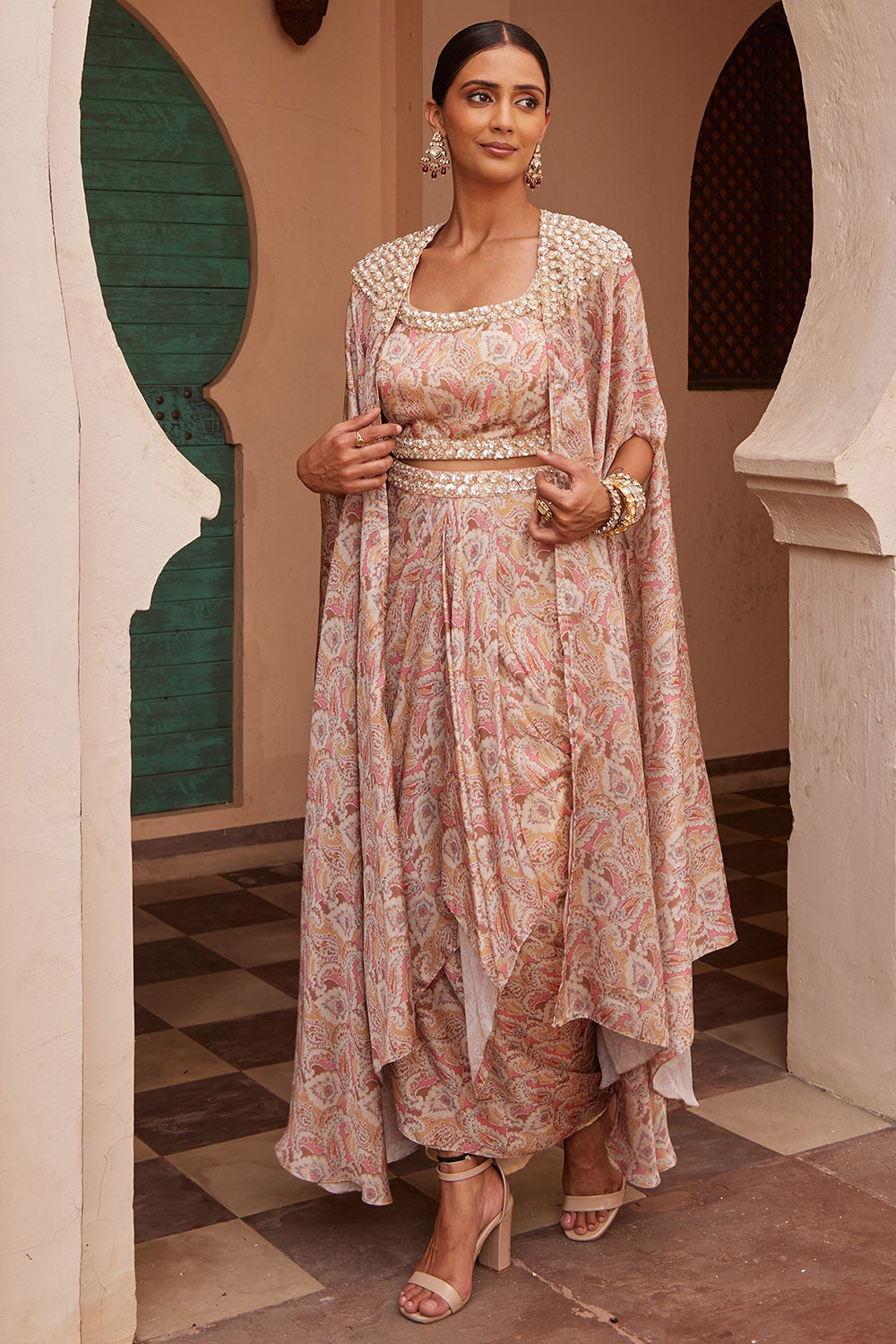 Modal Beige Printed & Embroidered Cape Set - Auraya Fashion - Nidhika Shekhar - #tag1# - #tag2# - #tag3# - #tag3#