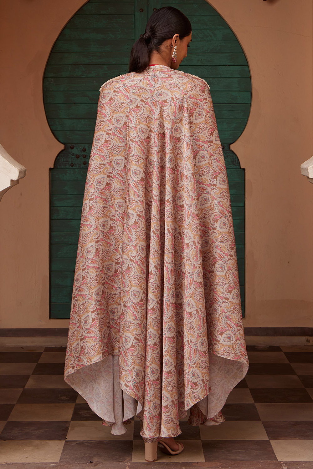 Modal Beige Printed & Embroidered Cape Set - Auraya Fashion -  - #tag1# - #tag2# - #tag3# - #tag3#