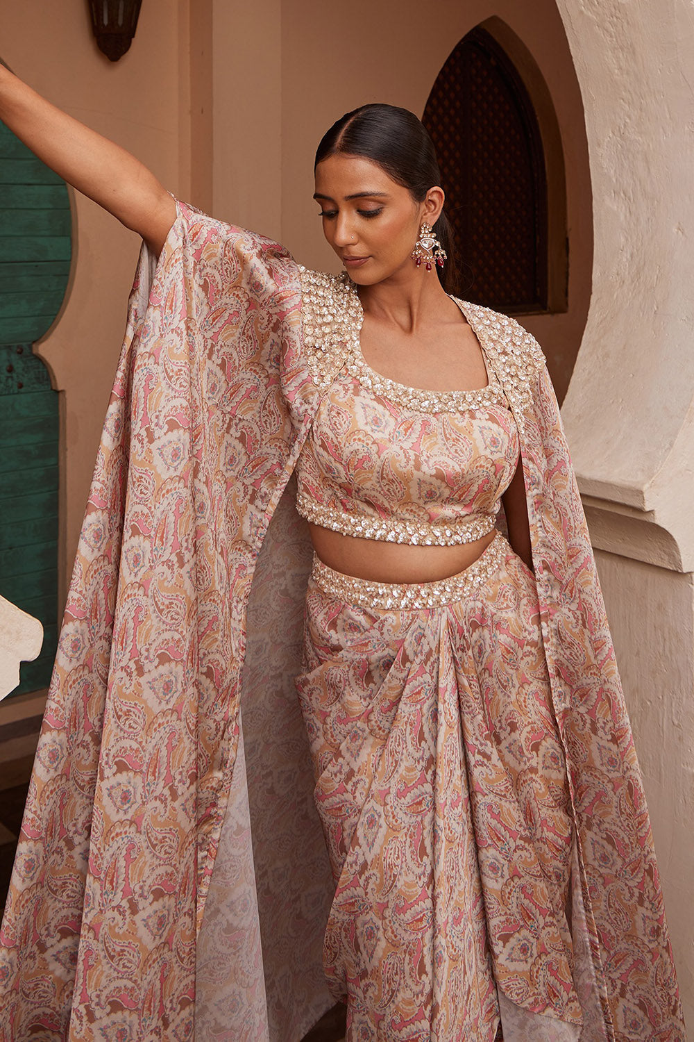 Modal Beige Printed & Embroidered Cape Set - Auraya Fashion -  - #tag1# - #tag2# - #tag3# - #tag3#
