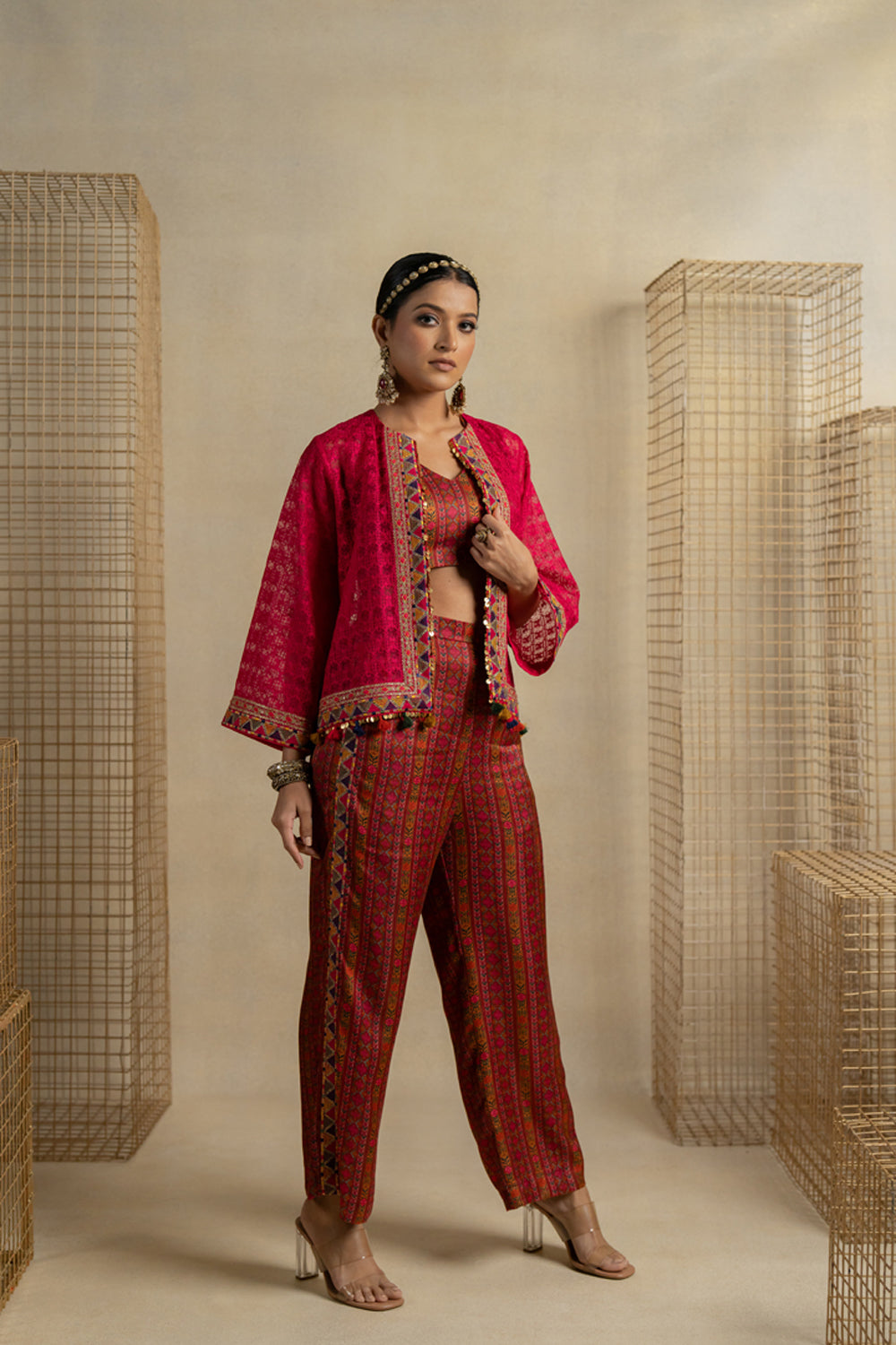 Gulal Organza Jacket With Bagh Crop And Pants - Auraya Fashion -  - #tag1# - #tag2# - #tag3# - #tag3#