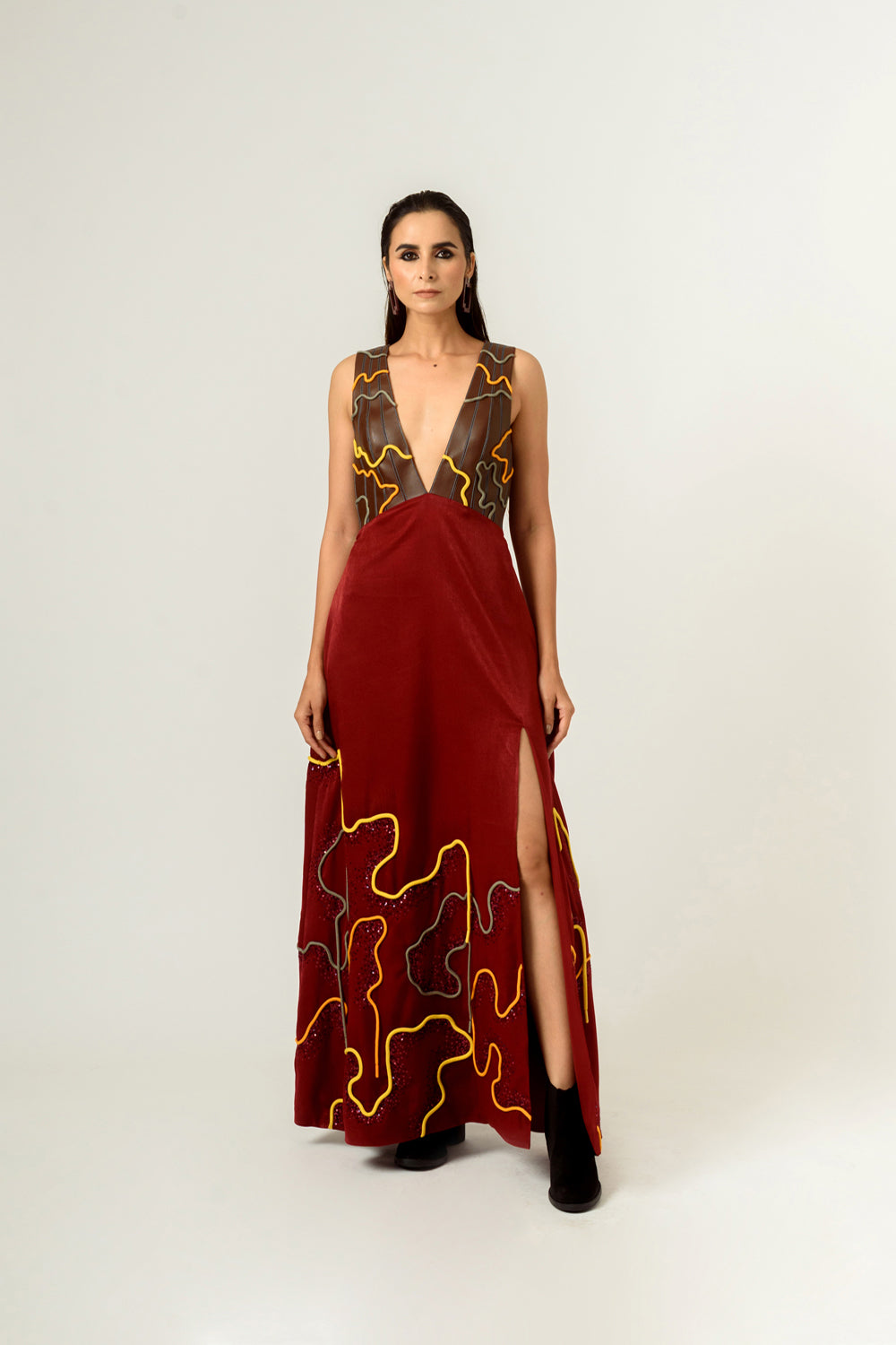 Low Neckline Leather Embroidered Gown - Auraya Fashion - Siddhant Agrawal - #tag1# - #tag2# - #tag3# - #tag3#