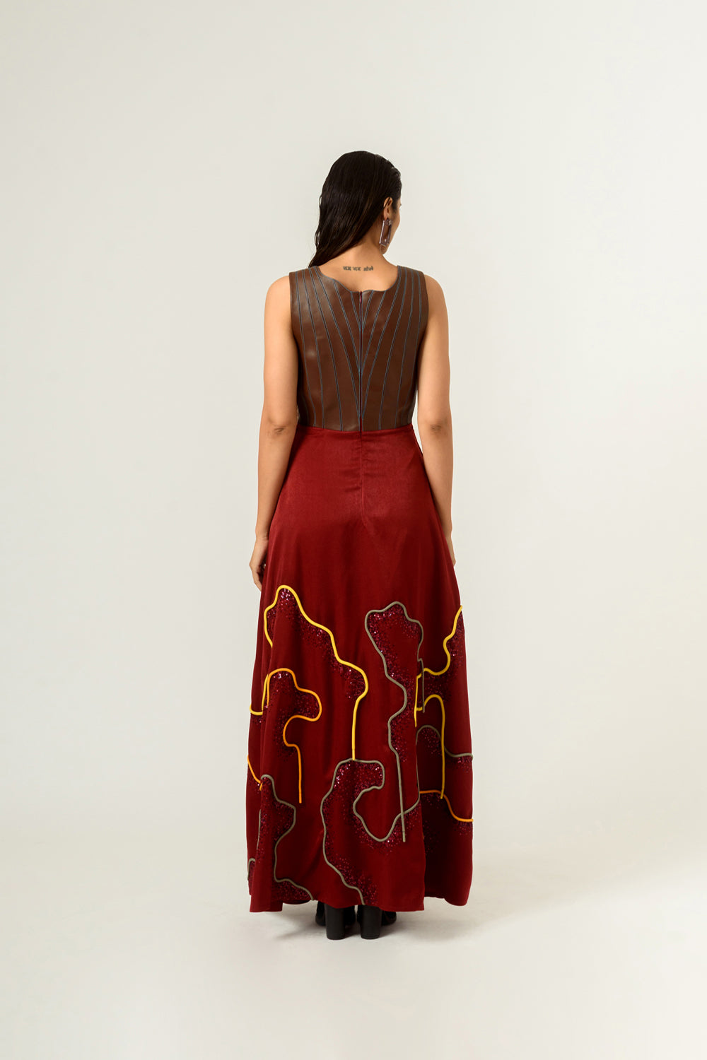 Low Neckline Leather Embroidered Gown - Auraya Fashion -  - #tag1# - #tag2# - #tag3# - #tag3#