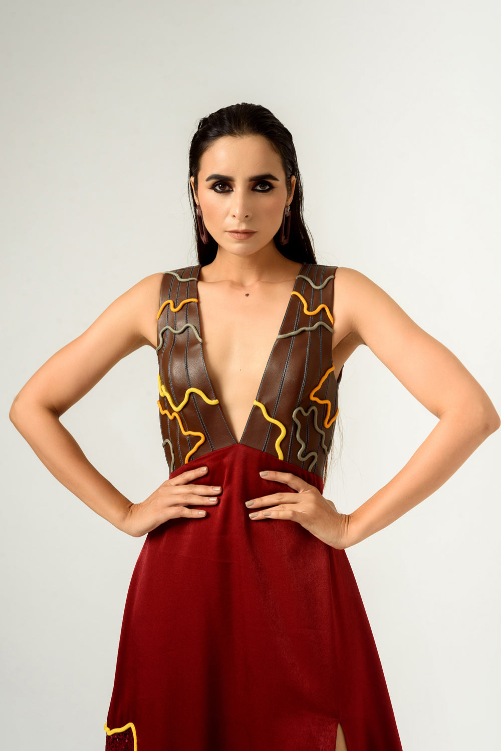 Low Neckline Leather Embroidered Gown - Auraya Fashion -  - #tag1# - #tag2# - #tag3# - #tag3#