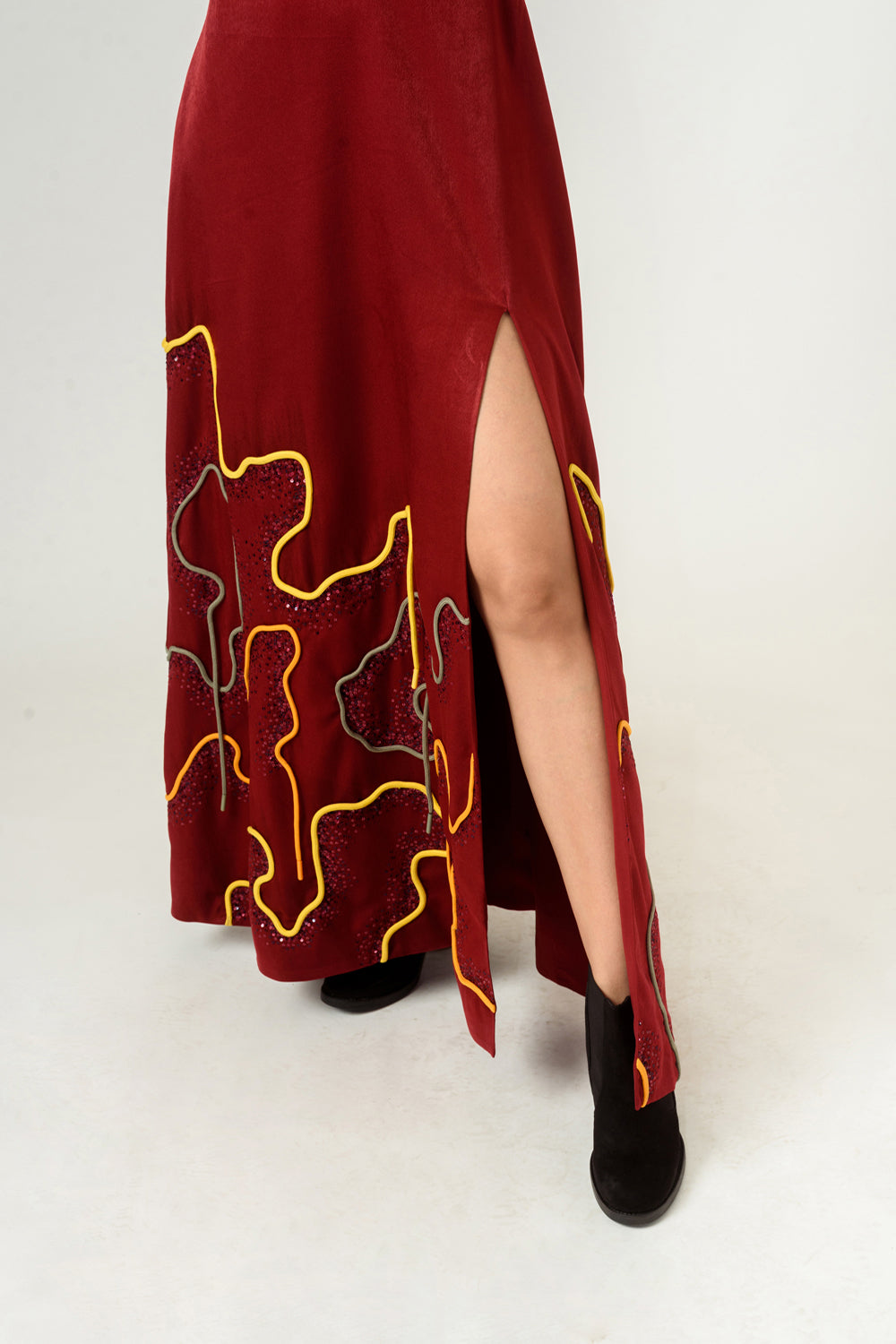 Low Neckline Leather Embroidered Gown - Auraya Fashion -  - #tag1# - #tag2# - #tag3# - #tag3#