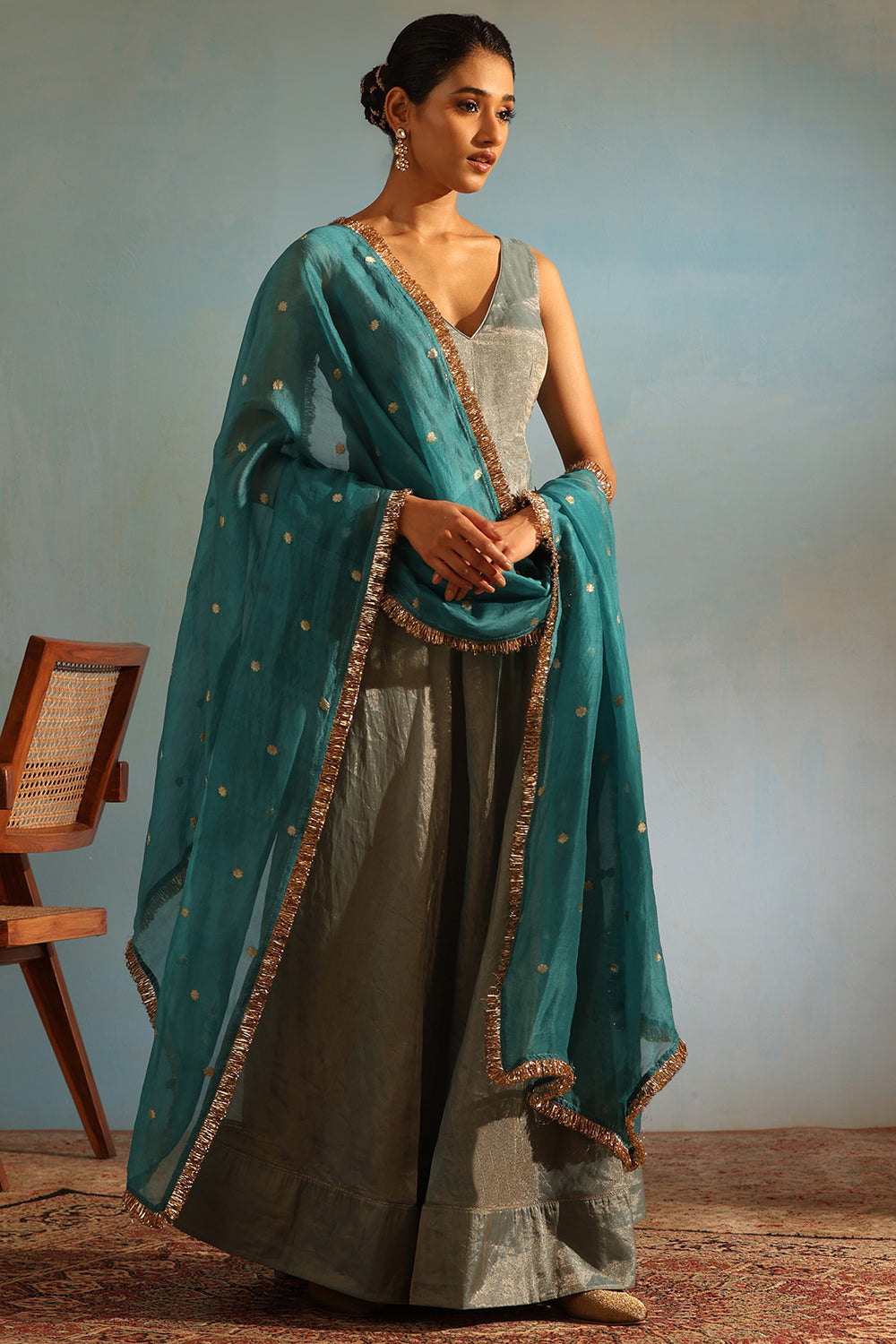 Silk Tissue Blue Hand Embroidered Anarkali Set - Auraya Fashion - Weaverstory - #tag1# - #tag2# - #tag3# - #tag3#