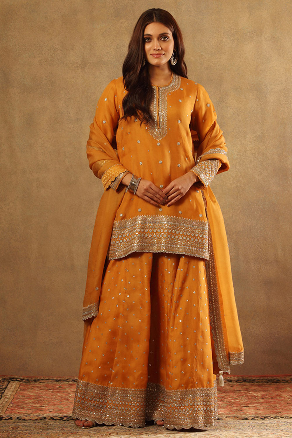 Embroidered Mango Yellow Pure Silk Organza Sharara Set - Auraya Fashion - Trisvaraa - #tag1# - #tag2# - #tag3# - #tag3#