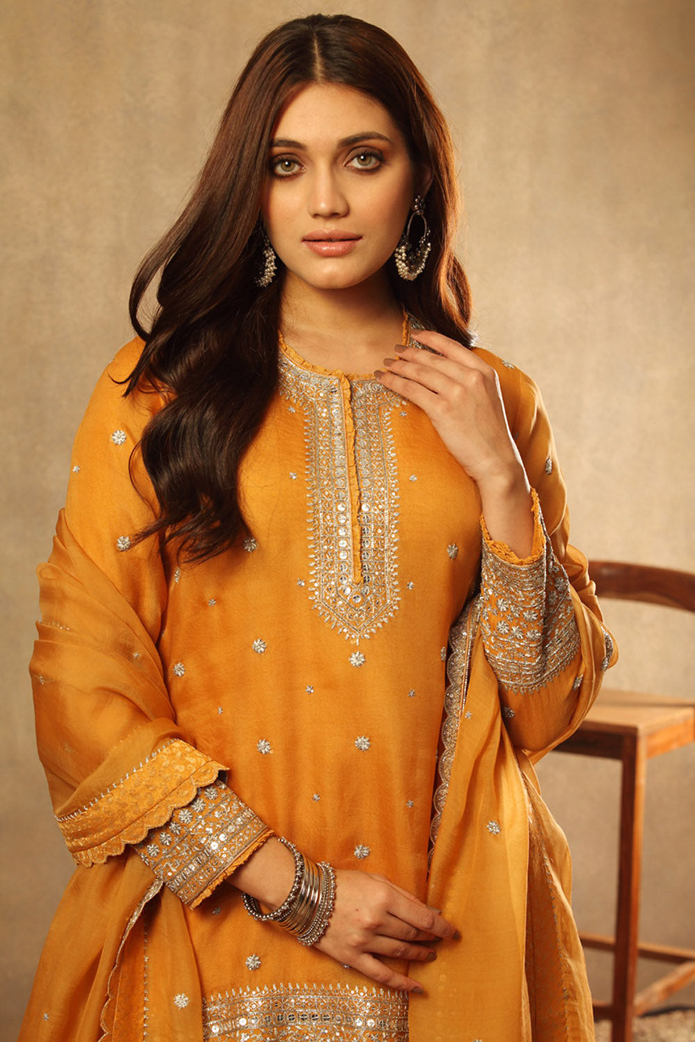 Embroidered Mango Yellow Pure Silk Organza Sharara Set - Auraya Fashion -  - #tag1# - #tag2# - #tag3# - #tag3#