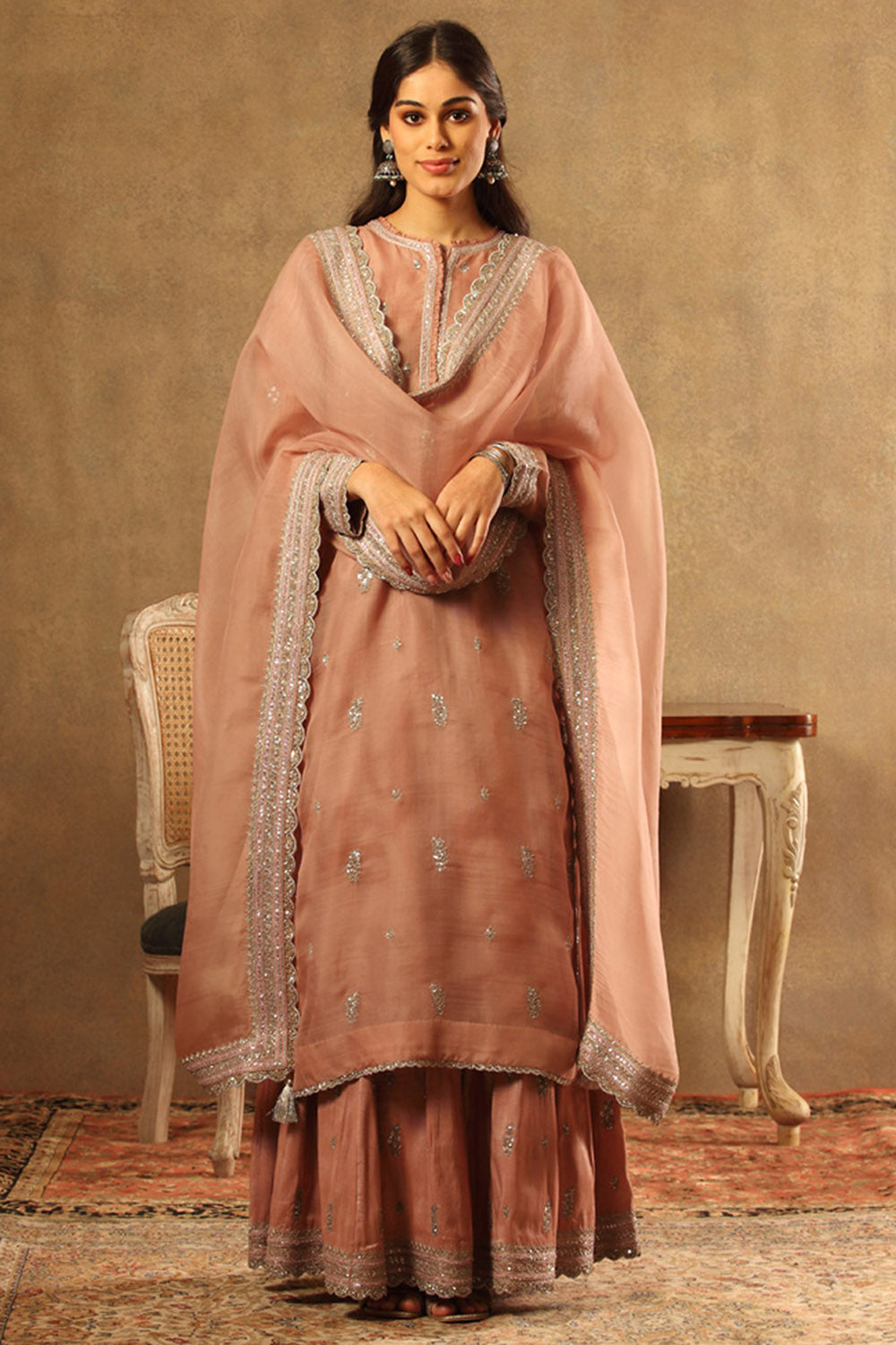 Embroidered Pink Pure Silk Organza Sharara Set - Auraya Fashion - Trisvaraa - #tag1# - #tag2# - #tag3# - #tag3#