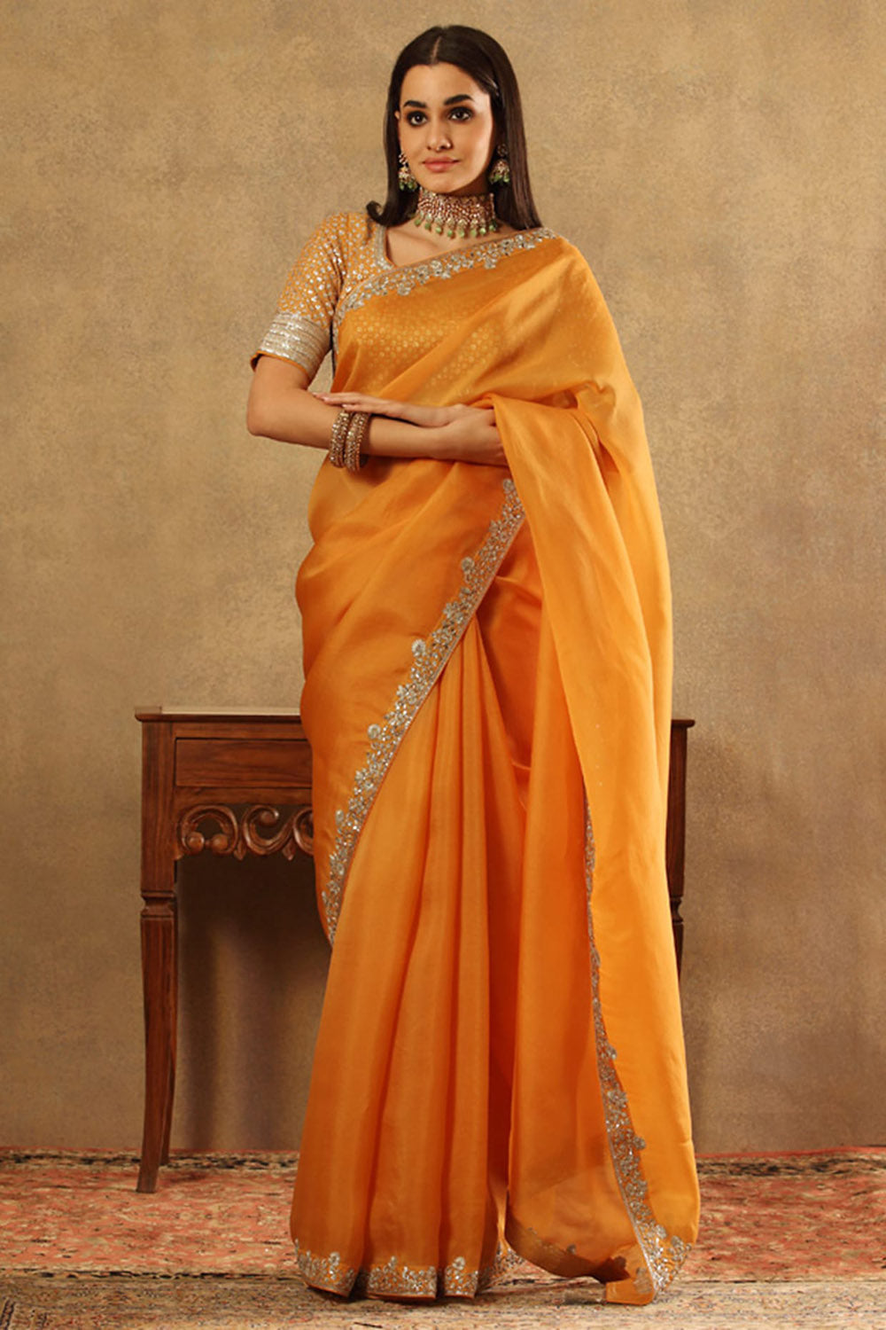 Embroidered Apricot Yellow Pure Silk Organza Saree Set - Auraya Fashion - Trisvaraa - #tag1# - #tag2# - #tag3# - #tag3#