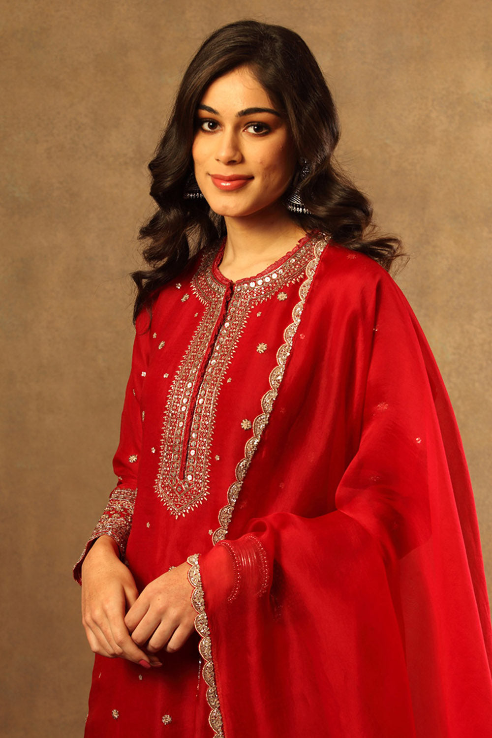Embroidered Tango Red Pure Silk Organza Sharara Set - Auraya Fashion -  - #tag1# - #tag2# - #tag3# - #tag3#