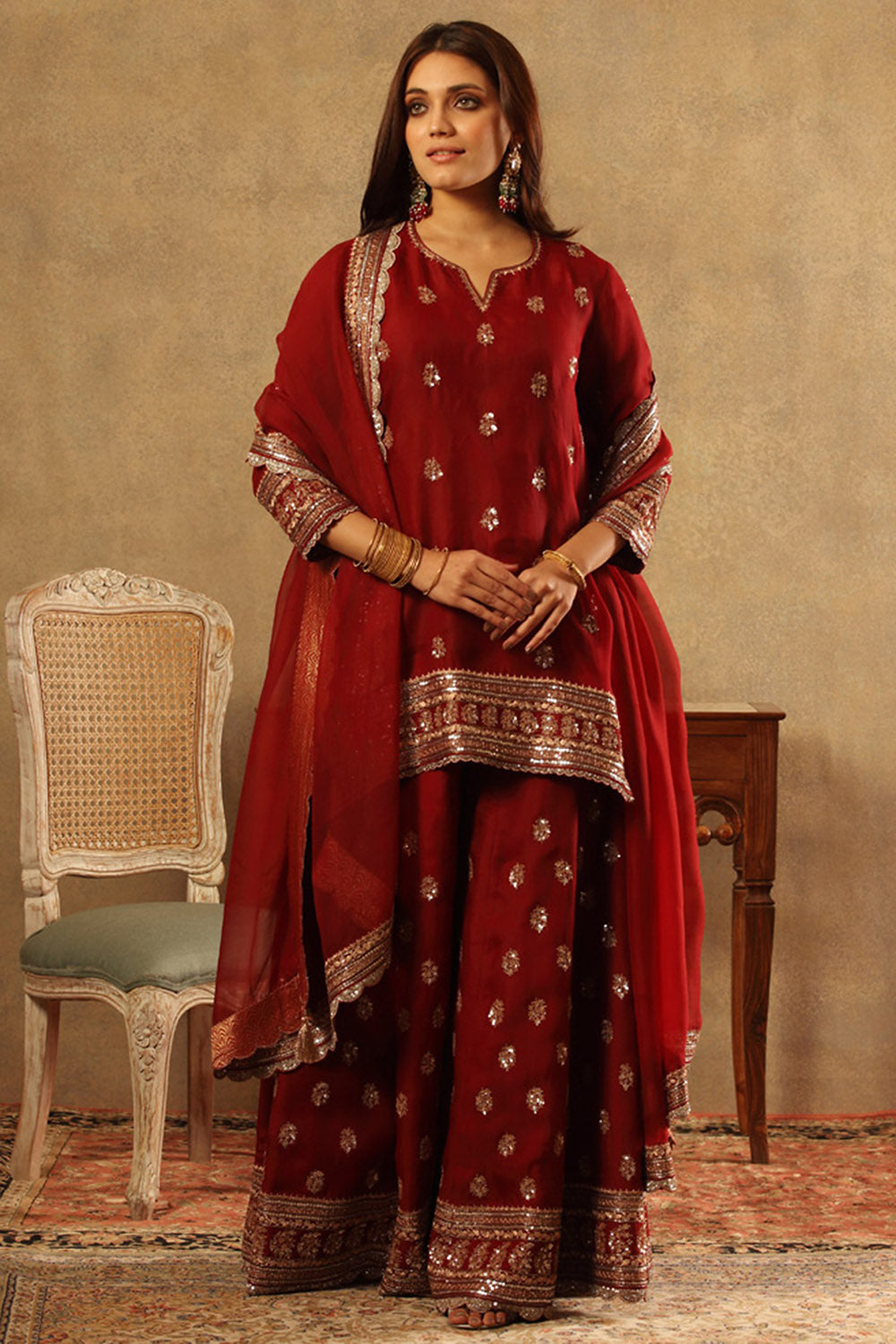 Embroidered Ruby Wine Pure Silk Organza Sharara Set - Auraya Fashion - Trisvaraa - #tag1# - #tag2# - #tag3# - #tag3#