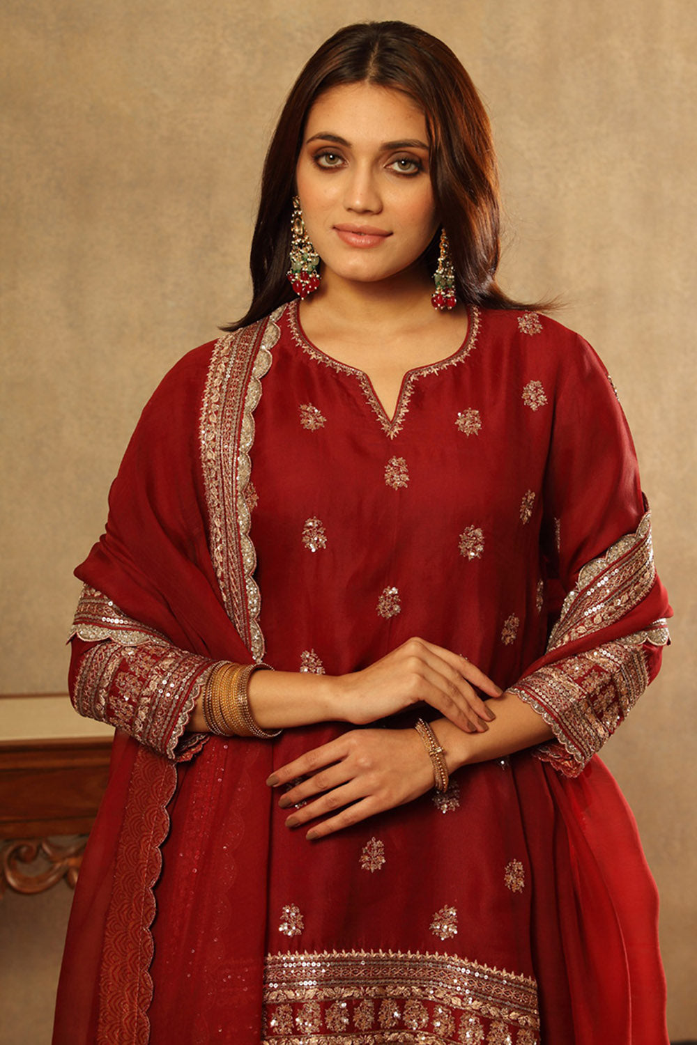 Embroidered Ruby Wine Pure Silk Organza Sharara Set - Auraya Fashion -  - #tag1# - #tag2# - #tag3# - #tag3#