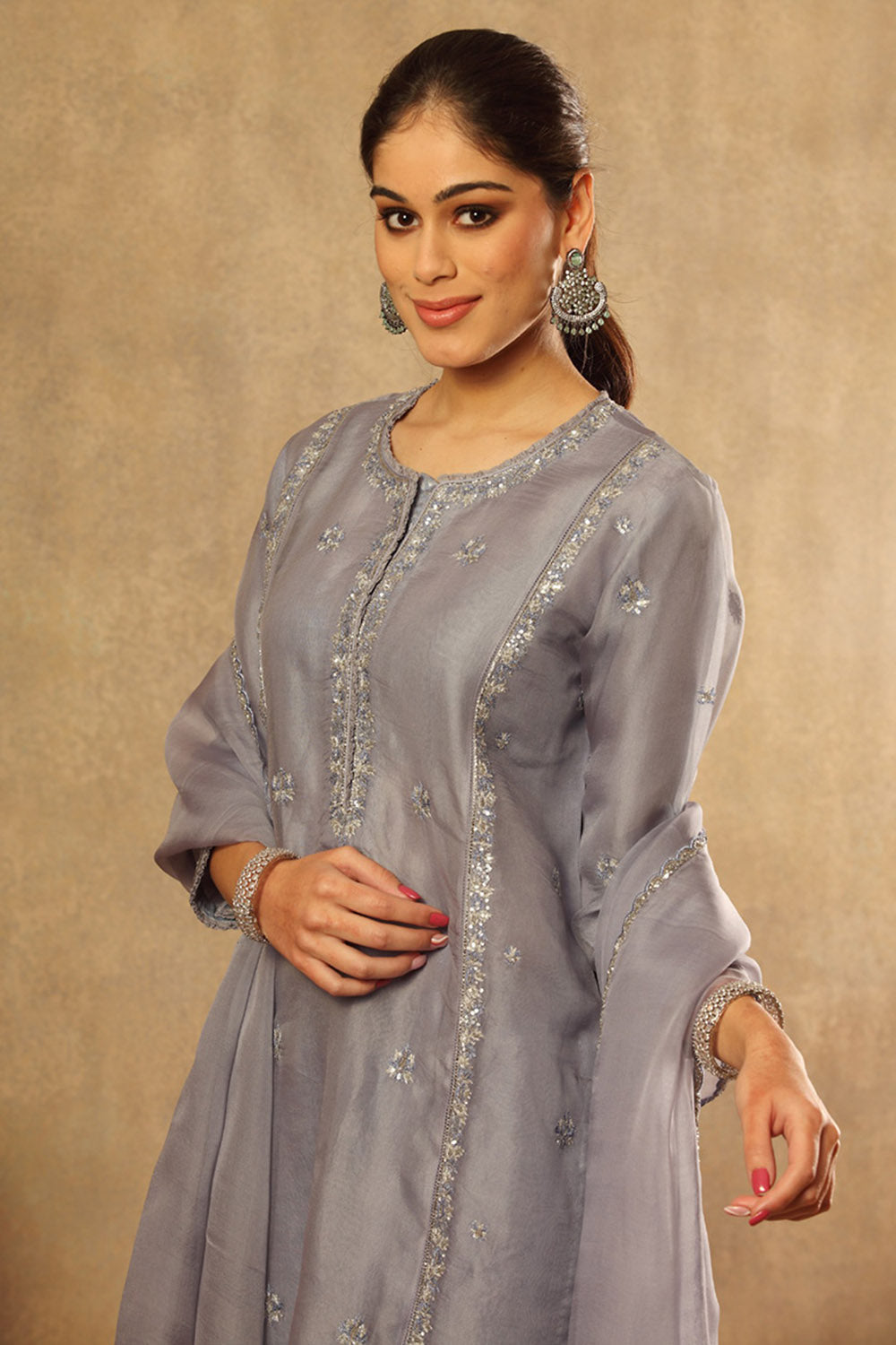 Handwoven Grey Blue Pure Silk Organza Kurta Set - Auraya Fashion -  - #tag1# - #tag2# - #tag3# - #tag3#