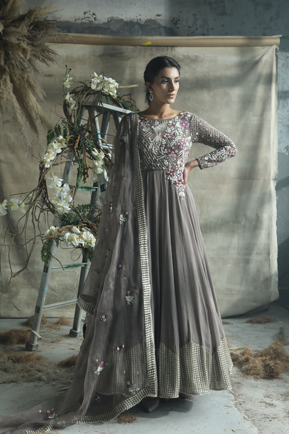 Gold Grey Embellished Anarkali Suit With Organza Handwork Dupatta - Auraya Fashion - Rachit Khanna - #tag1# - #tag2# - #tag3# - #tag3#
