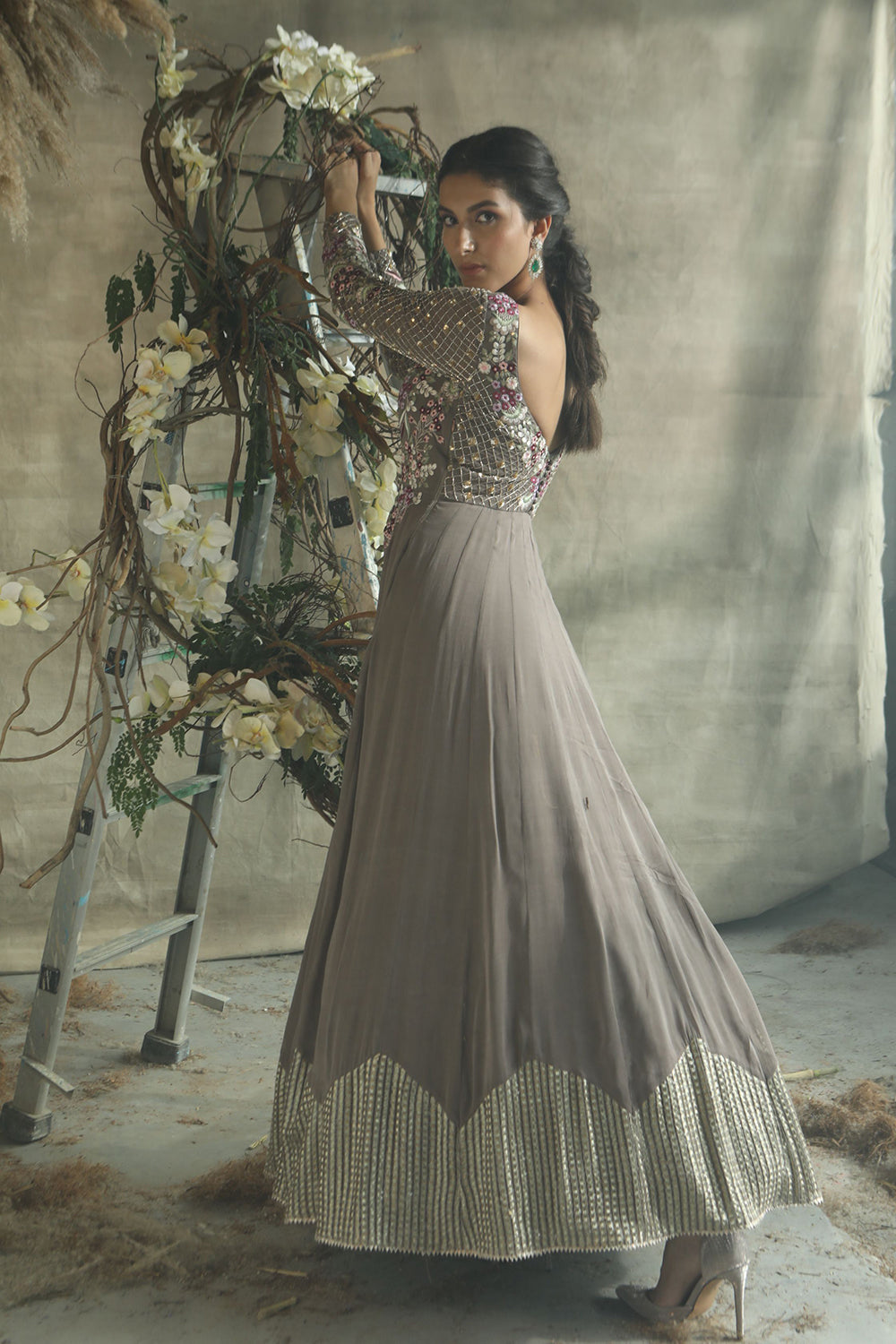 Gold Grey Embellished Anarkali Suit With Organza Handwork Dupatta - Auraya Fashion -  - #tag1# - #tag2# - #tag3# - #tag3#