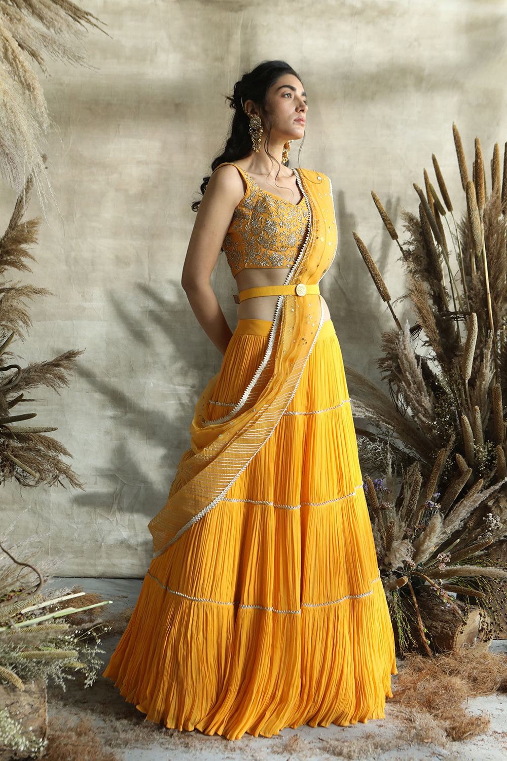 Yellow Crop Top Crinkled Skirt With Belt And Drape