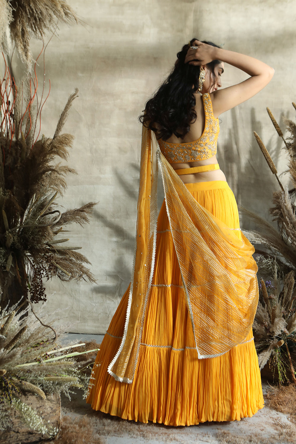 Yellow Crop Top Crinkled Skirt With Belt And Drape