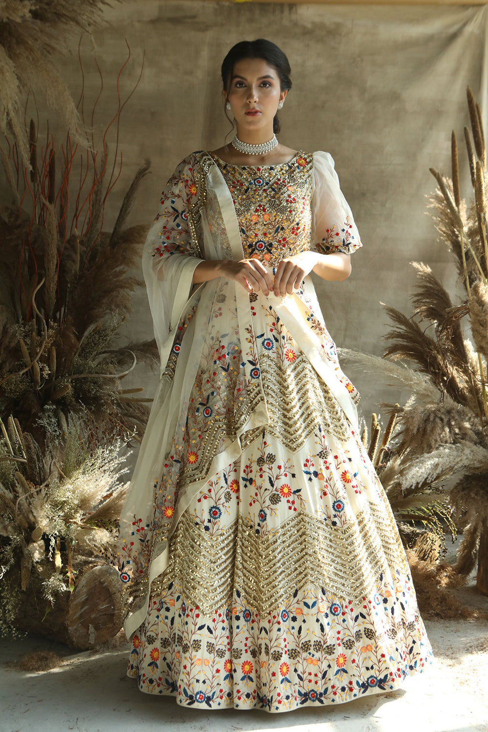 Ivory Thread-Work Anarkali Suit With Organza Dupatta - Auraya Fashion - Rachit Khanna - #tag1# - #tag2# - #tag3# - #tag3#