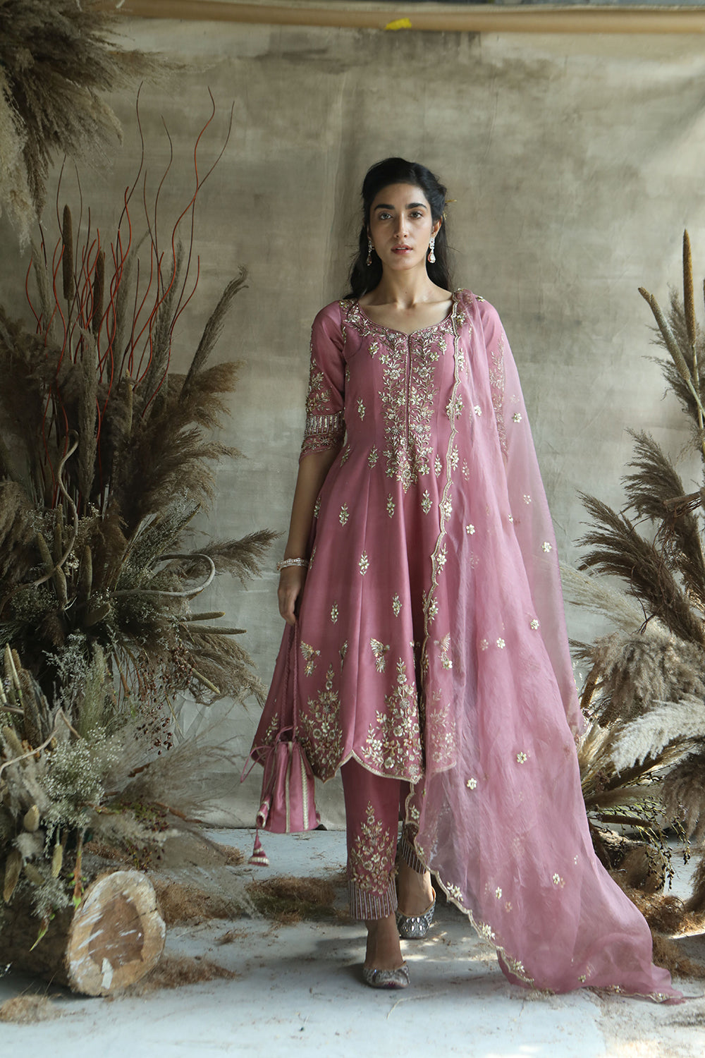 silk anarkali dress with dupatta Rose Pink Pure Monga Silk Handwoven Anarkali Set with Hand-embroidered Dupatta