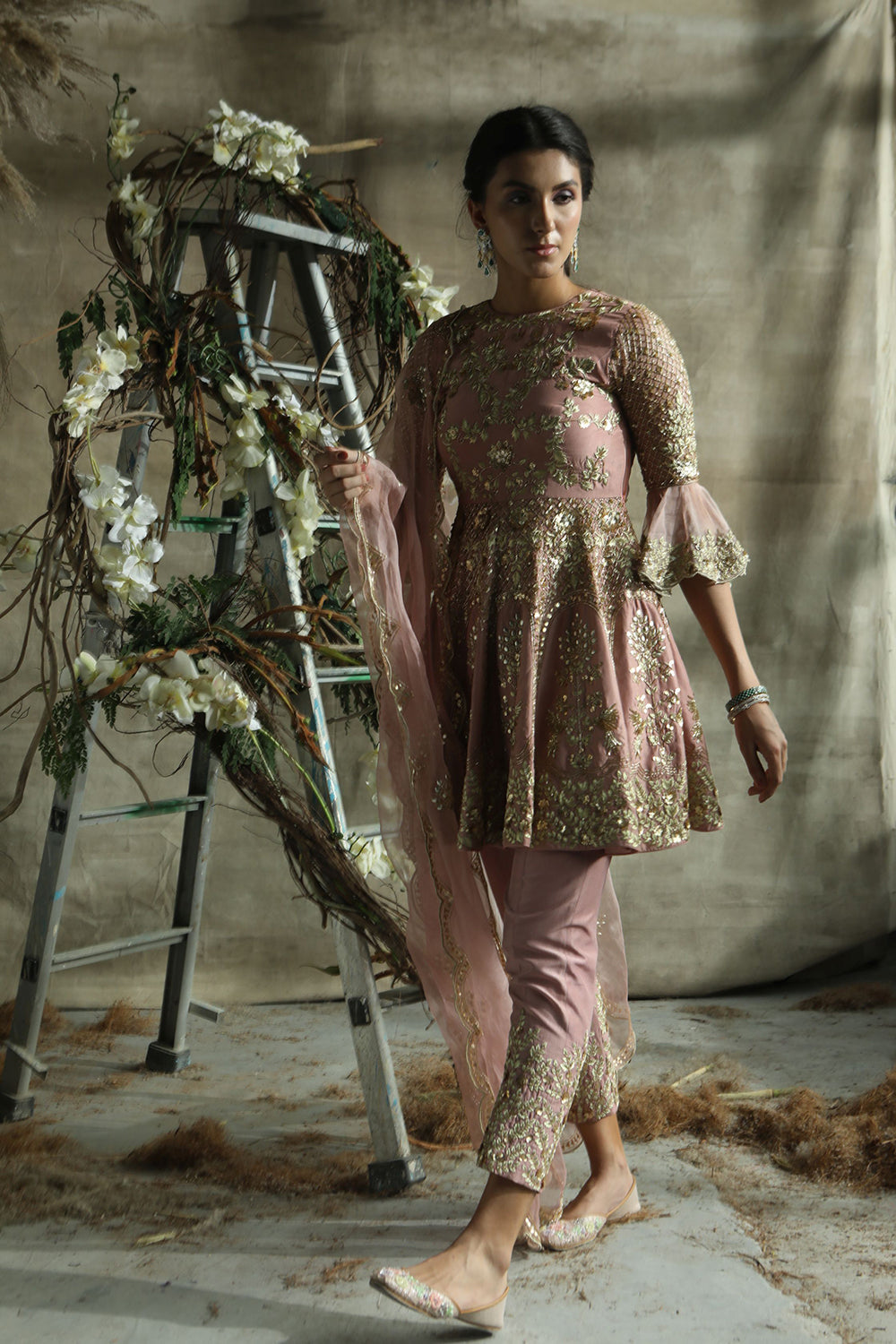 Dark Rosegold Short Anarkali Suit With Pants And Organza Dupatta - Auraya Fashion - Rachit Khanna - #tag1# - #tag2# - #tag3# - #tag3#