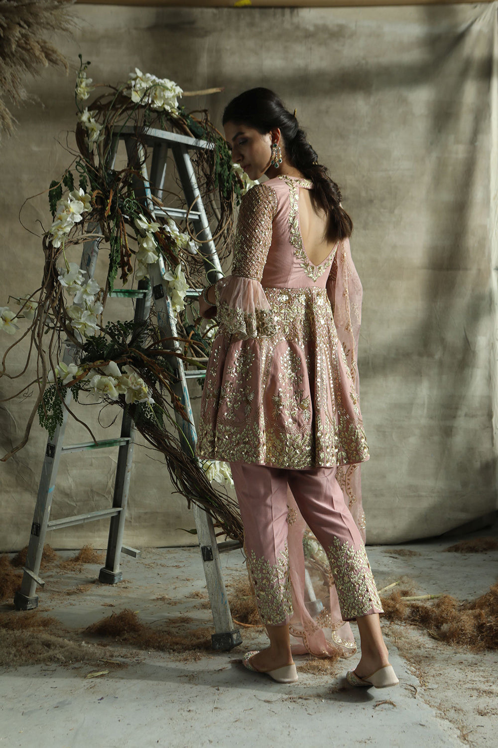 Dark Rosegold Short Anarkali Suit With Pants And Organza Dupatta - Auraya Fashion -  - #tag1# - #tag2# - #tag3# - #tag3#