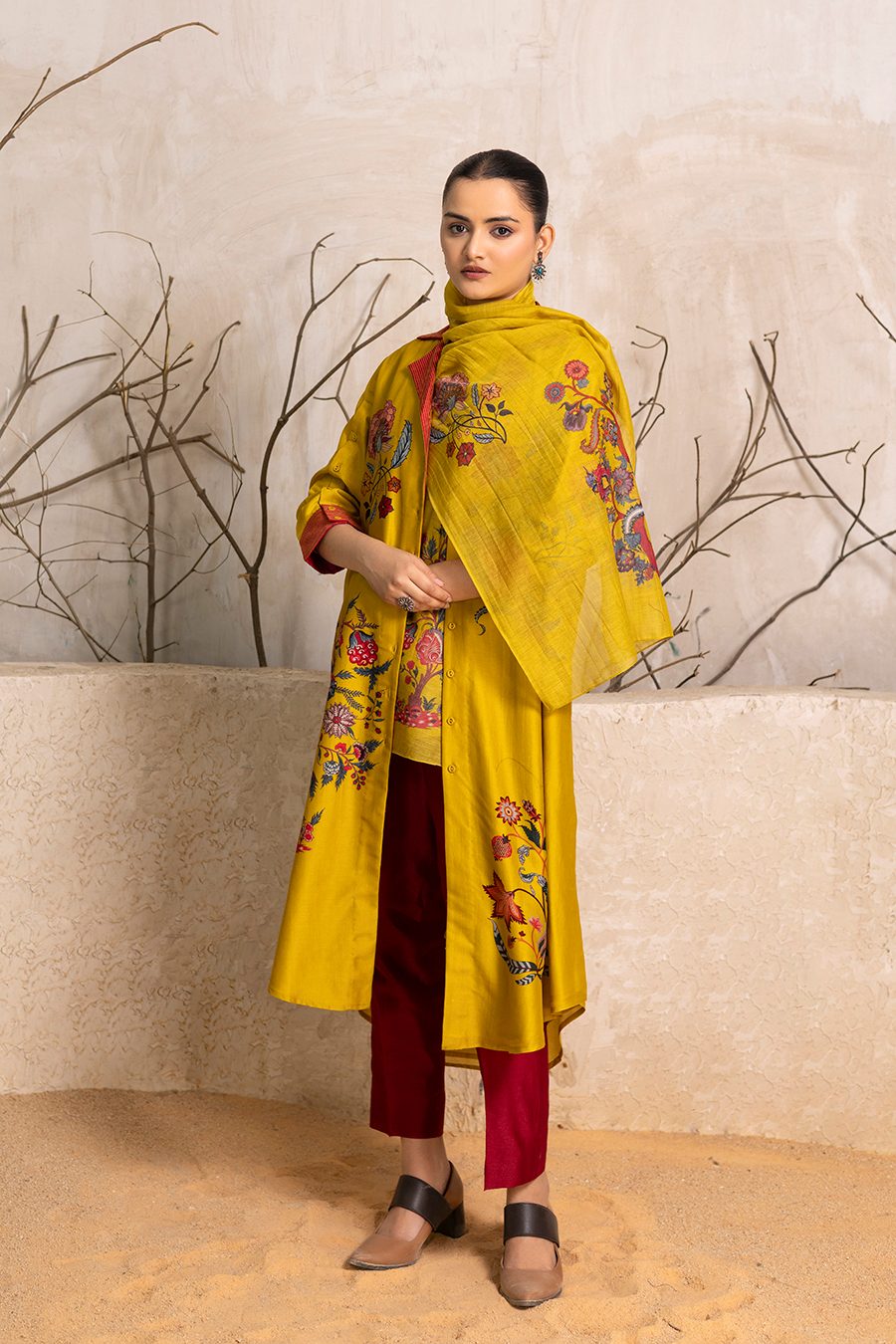Yellow Silk Chanderi Chintz Printed Stole (1 PC) PC)