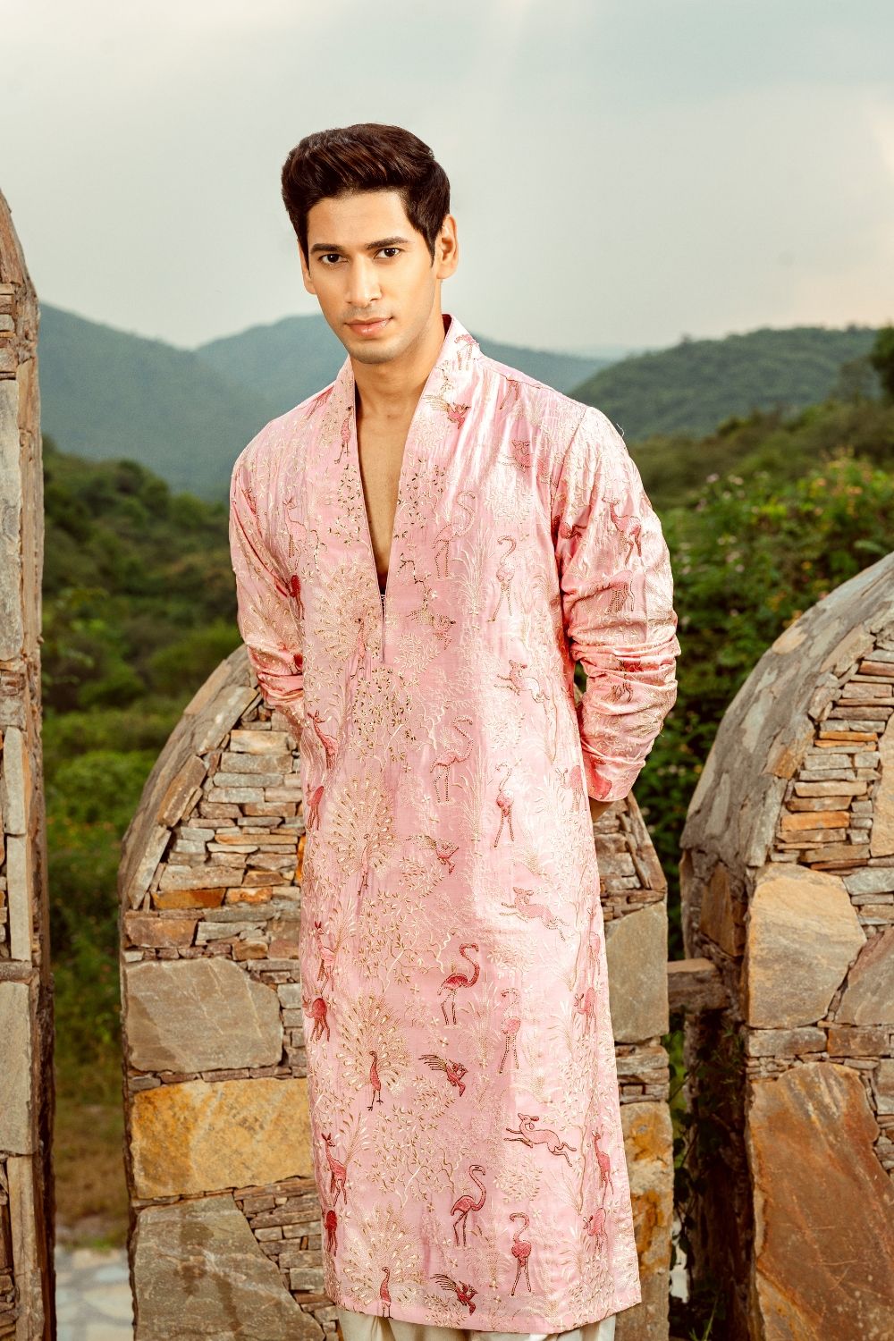 Baby pink silk kurta set with threadwork