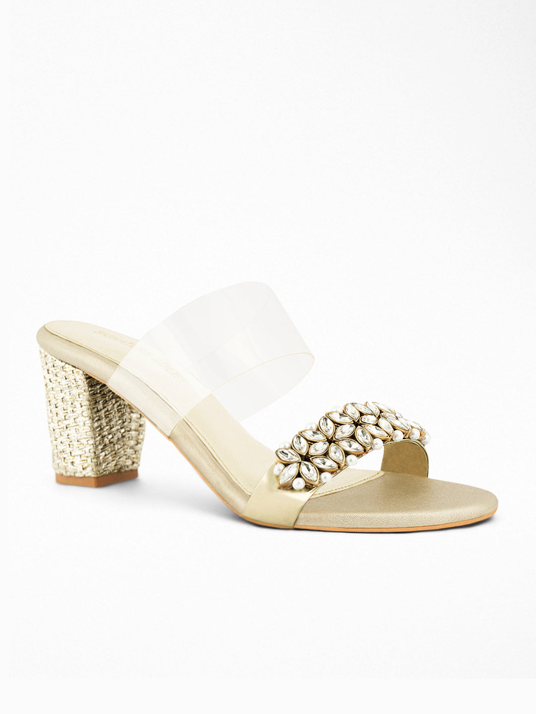 Gold Crystal Pearl Block Heel Mule