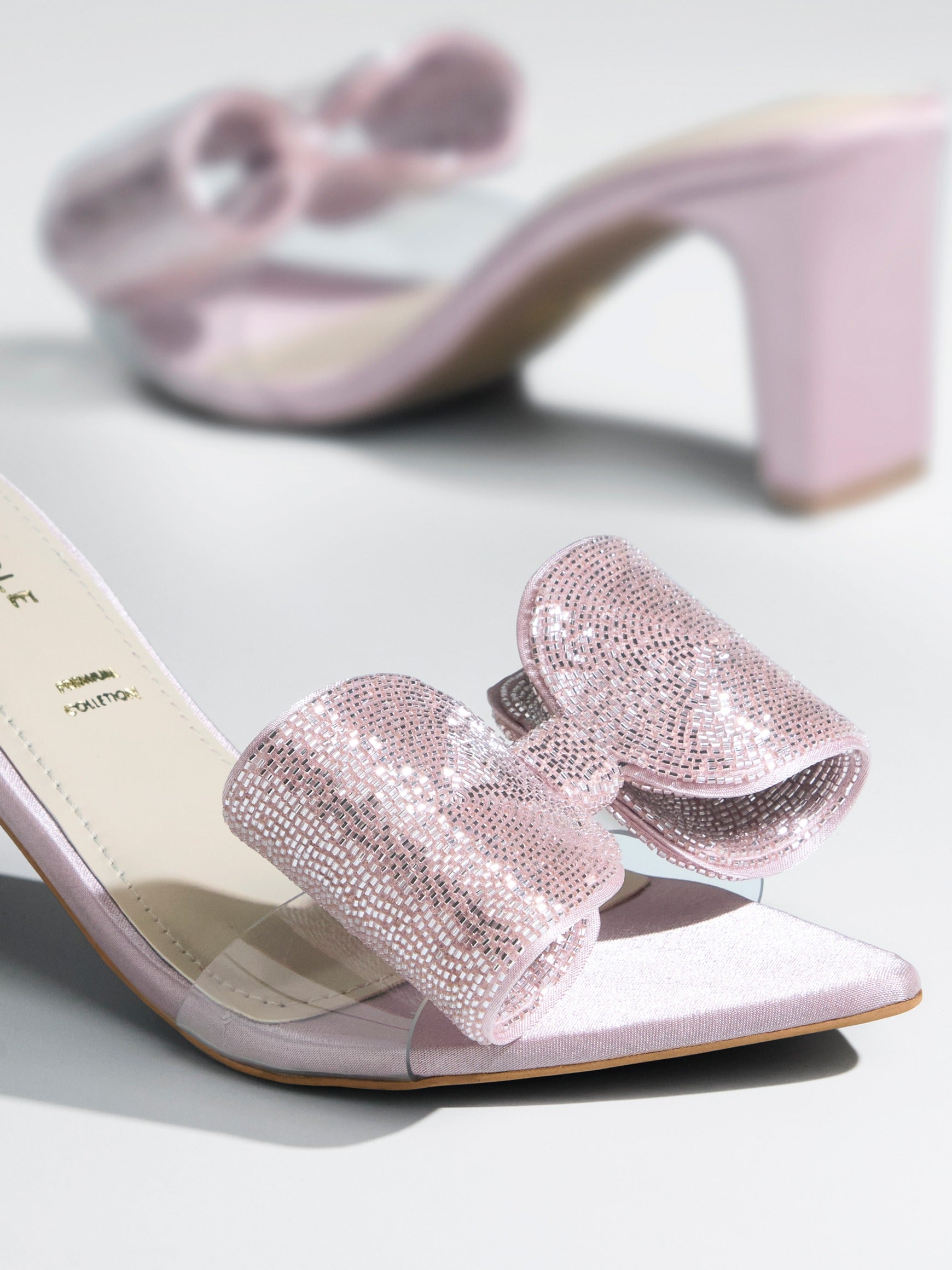 Blush Crystal Bow Block Heel Mule