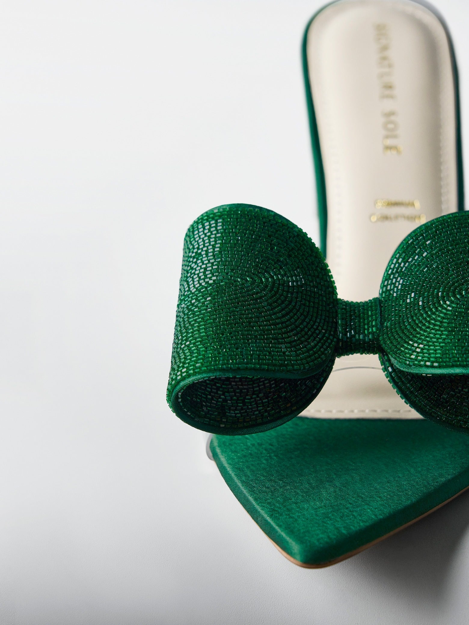 Green Crystal Bow Satin Kitten Heel