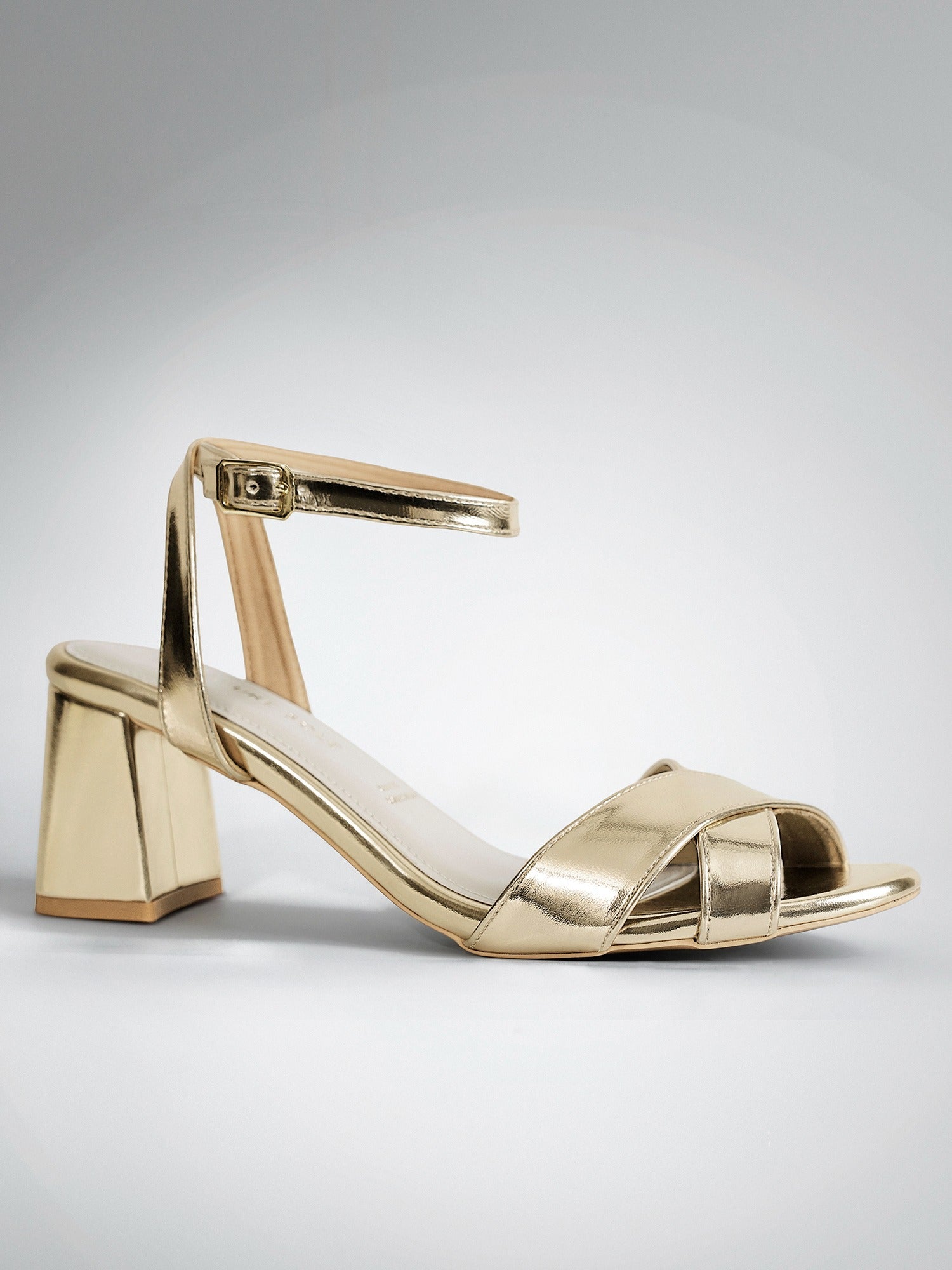 Gold Cross Strap Block Heel Sandal