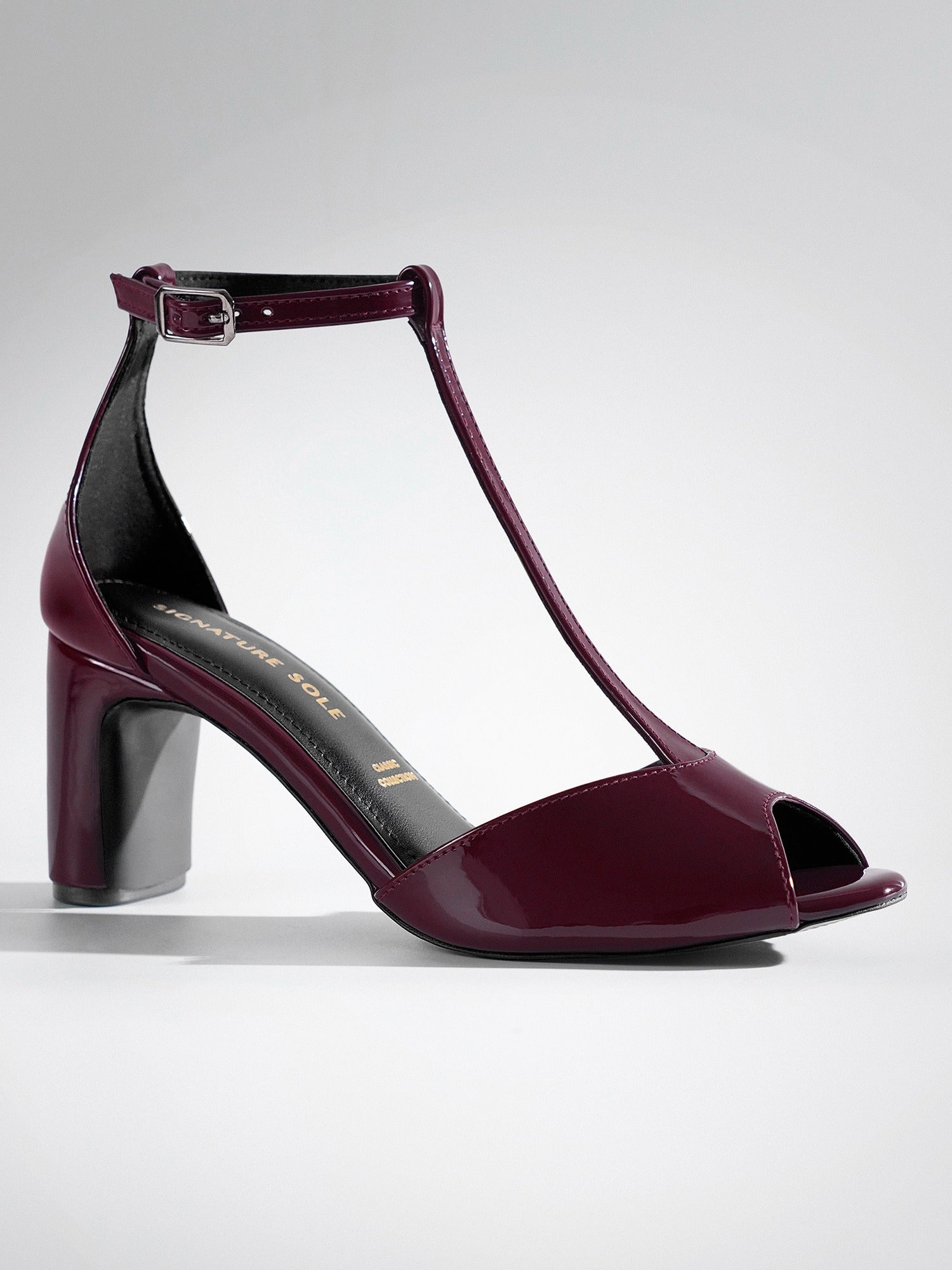 Plum Patent T-strap Block Heel Sandal