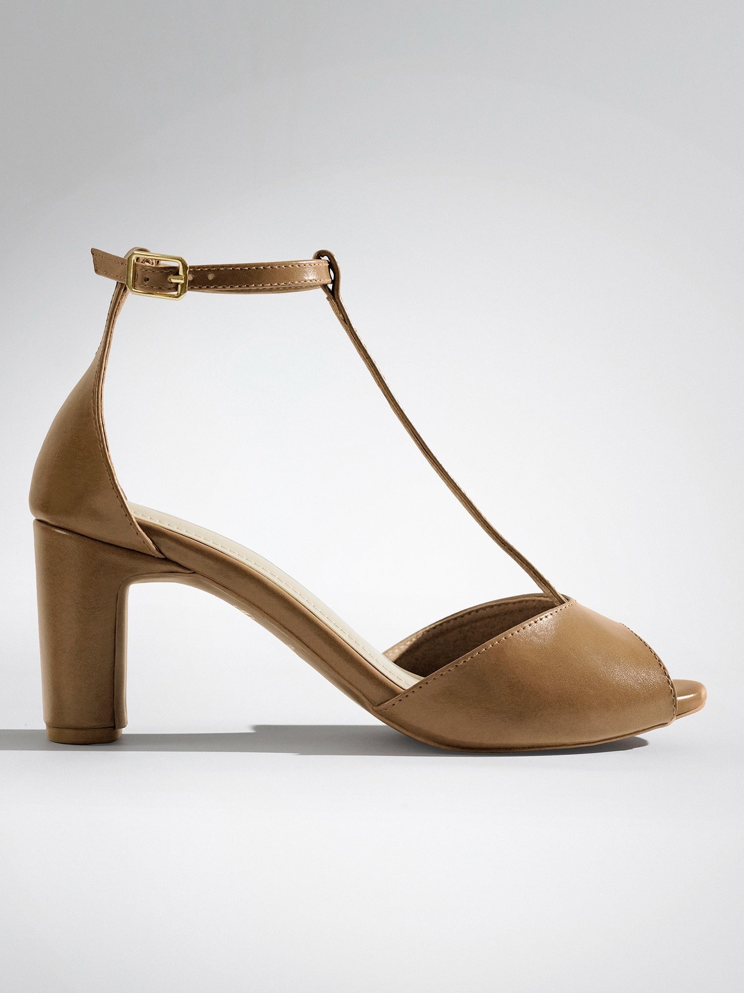 Tan T-strap Block Heel Sandal
