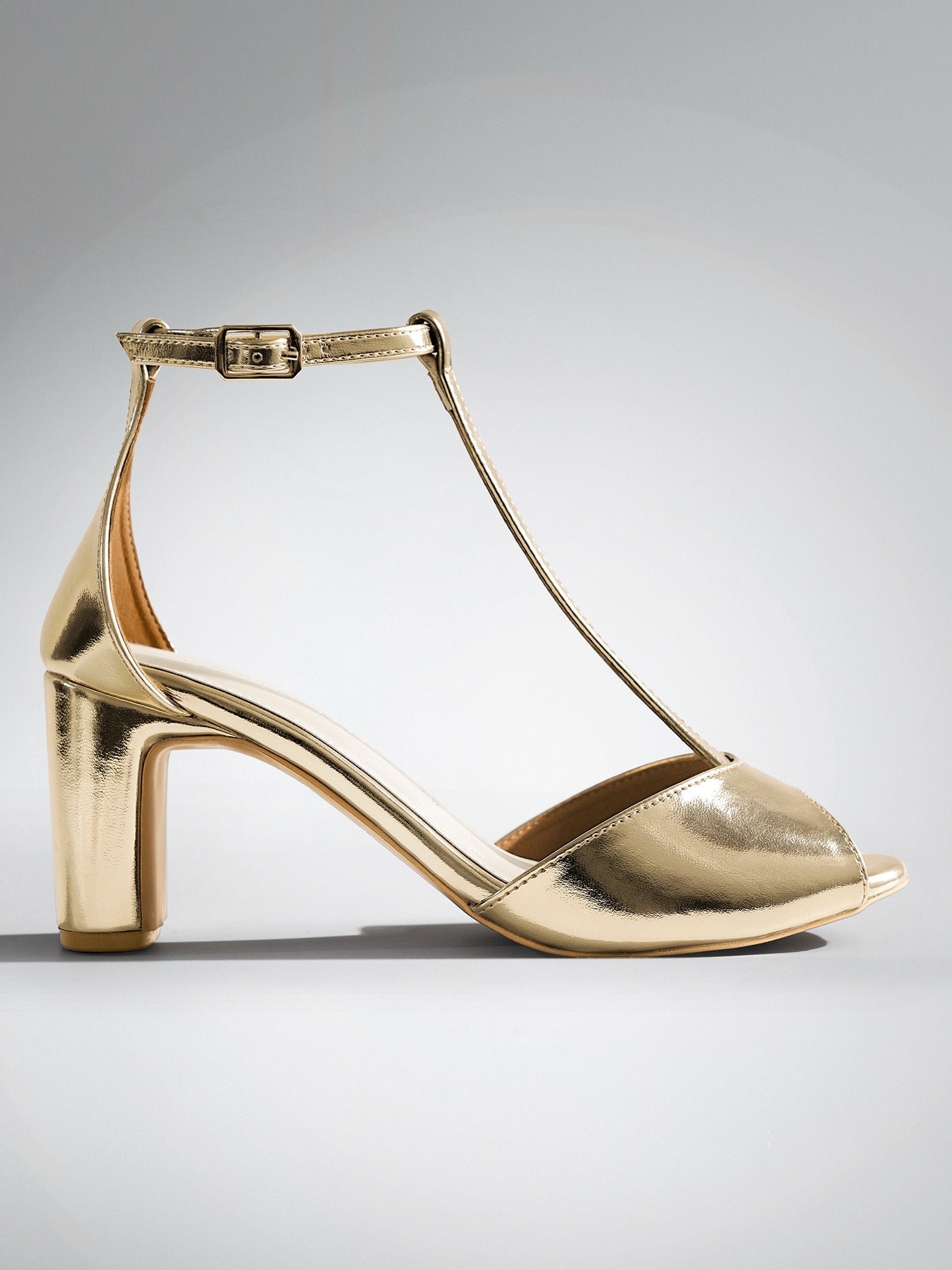 Gold T-strap Block Heel Sandal