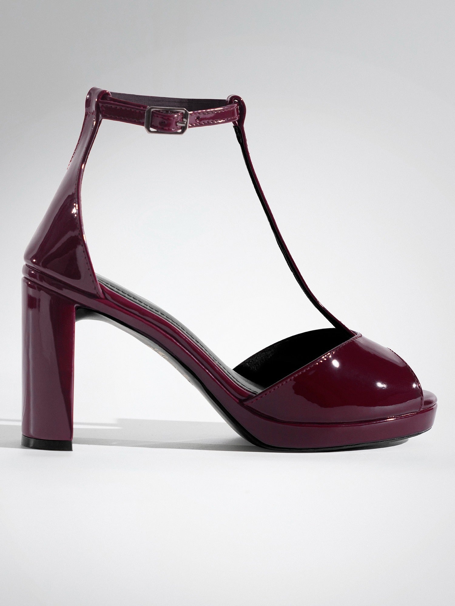 Plum Patent T-strap wedge Heel
