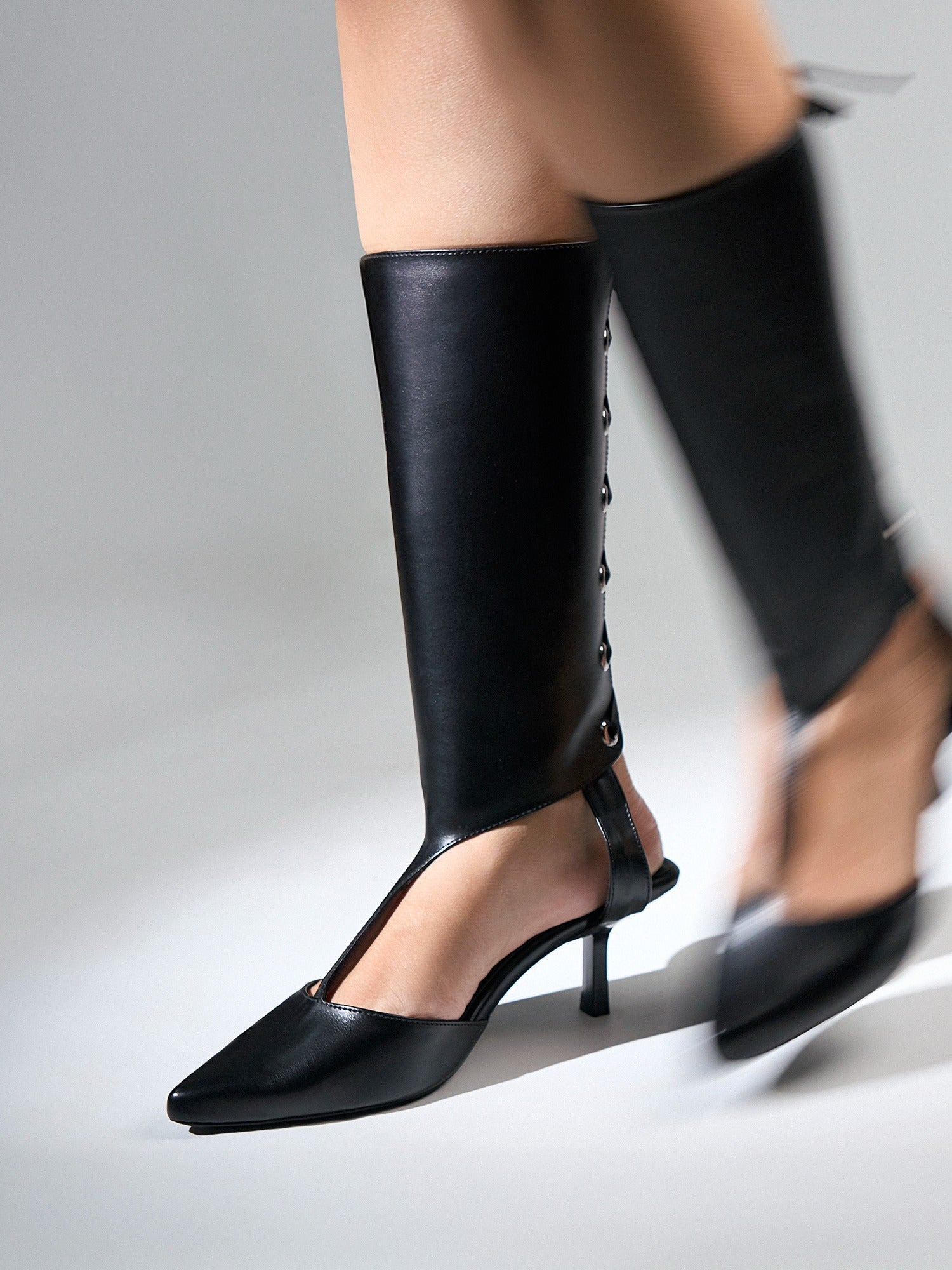 Black Lace-Up Knee Panel Kitten Heel