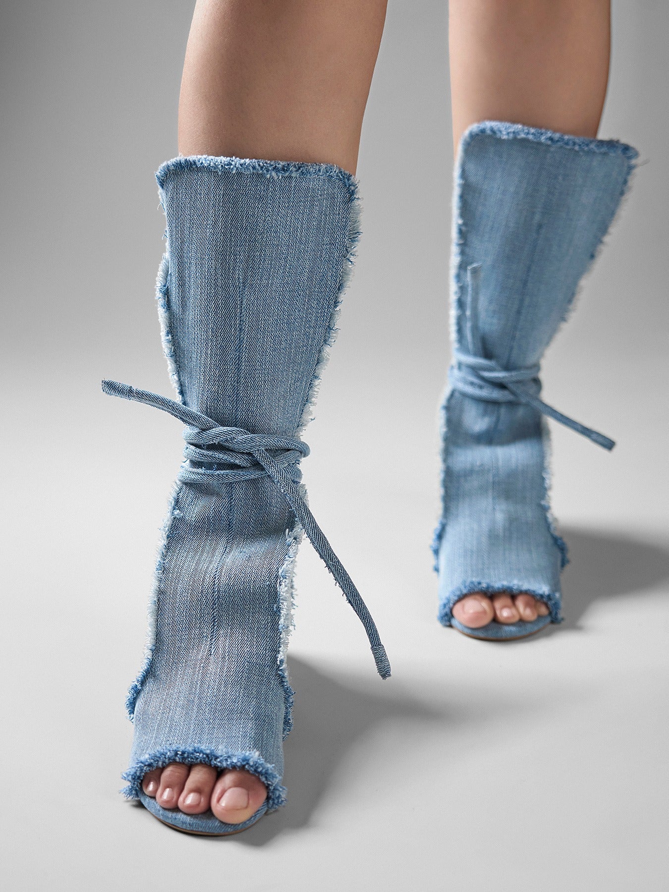Denim Frayed Lace-Up Flat Sandal