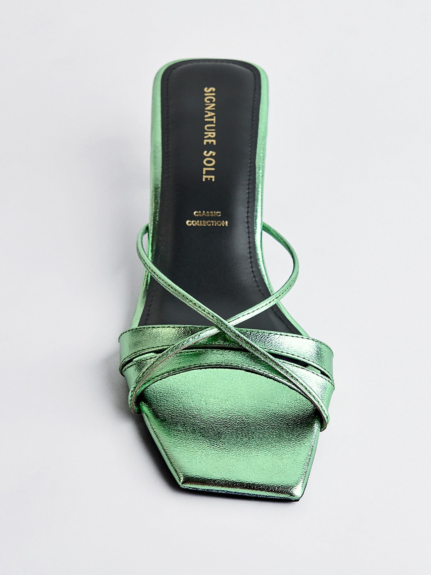 green Metallic Ankle Wrap Block Heel