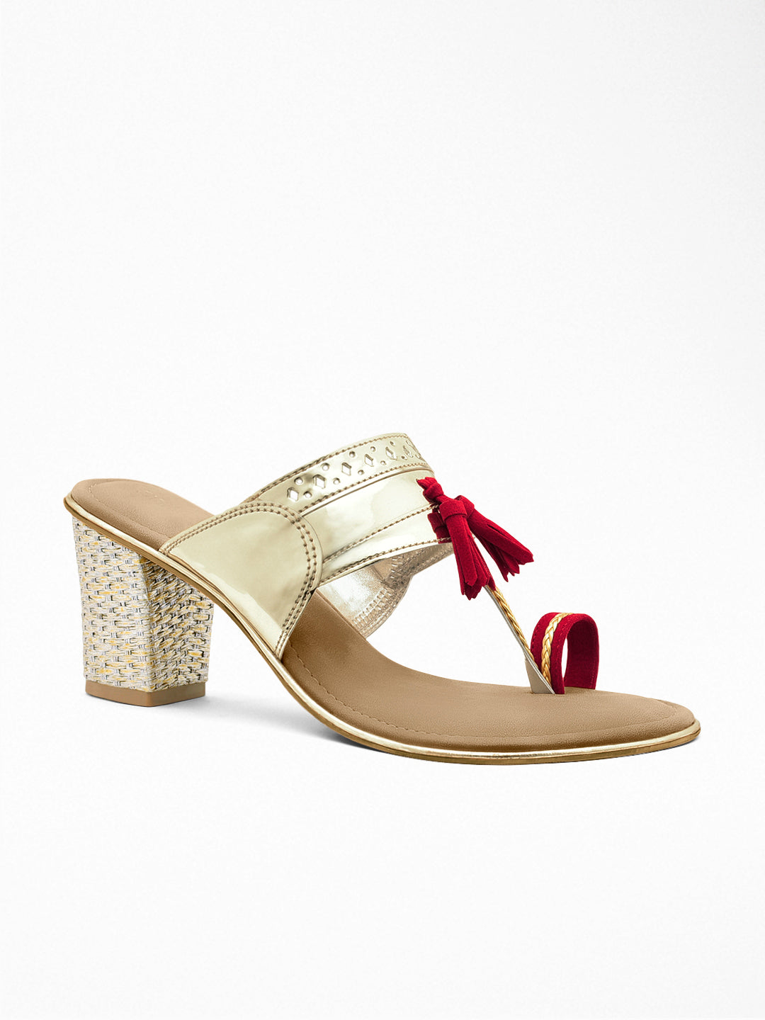 Gold Red Tassel Block Heel Sandal