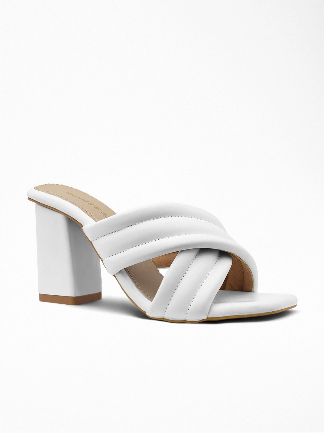 White Padded Cross-Strap Block Heel