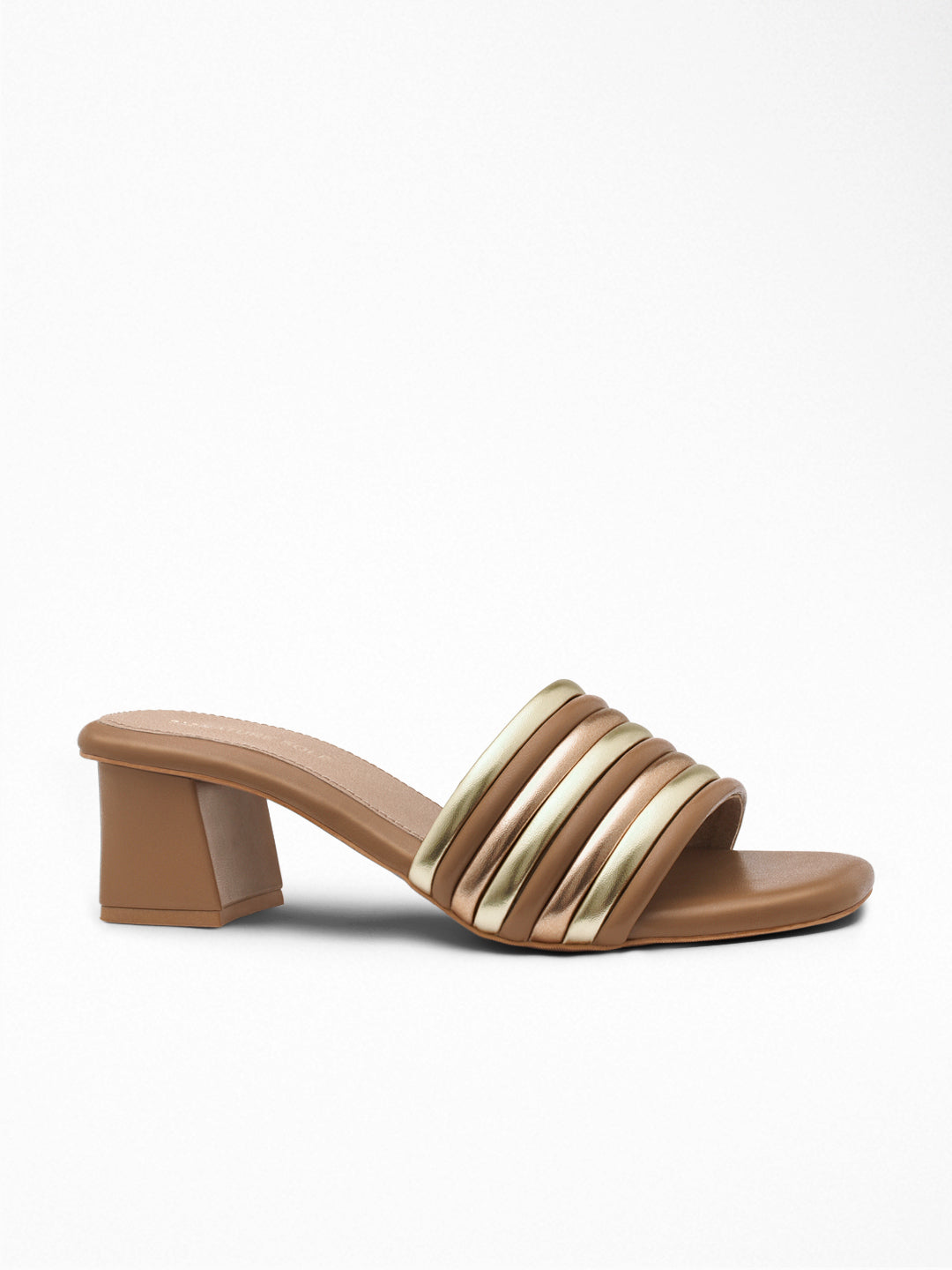 Tan Gold Pleated Block Heel Mule